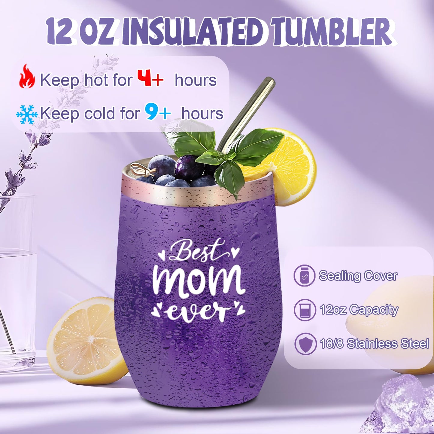 Neekiko Gifts for Mom, Birthday Mothers Day Gifts for Mom from Daughter Son, Lavender Relaxing Gift Basket Set with 12 oz Wine Glass, Funny Mothers Day Gift Ideas for Mama Mother in Law, Purple