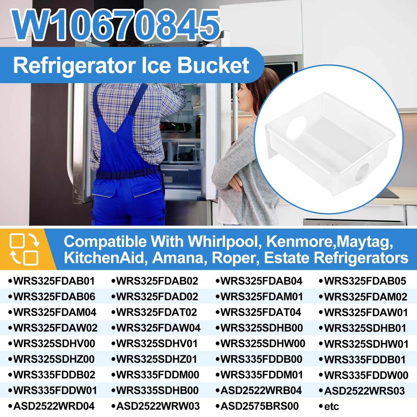 Upgraded W10670845 Refrigerator Ice Bucket Compatible with Whirlpool Ice Maker Replacement Parts WPW10670845 Removable Ice Bin for Kenmore Ice Maker Replacement WRS325FDAM04, WRS315SDHM08 Ice Bin