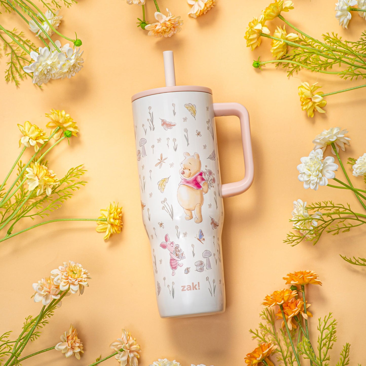 Zak Designs Disney Winnie the Pooh Sutton Travel Tumbler for On the Go, 30oz Stainless Steel with Vacuum Insulation, Silicone Straw, and Carry Handle for Cold Drinks (Pooh and Friends)