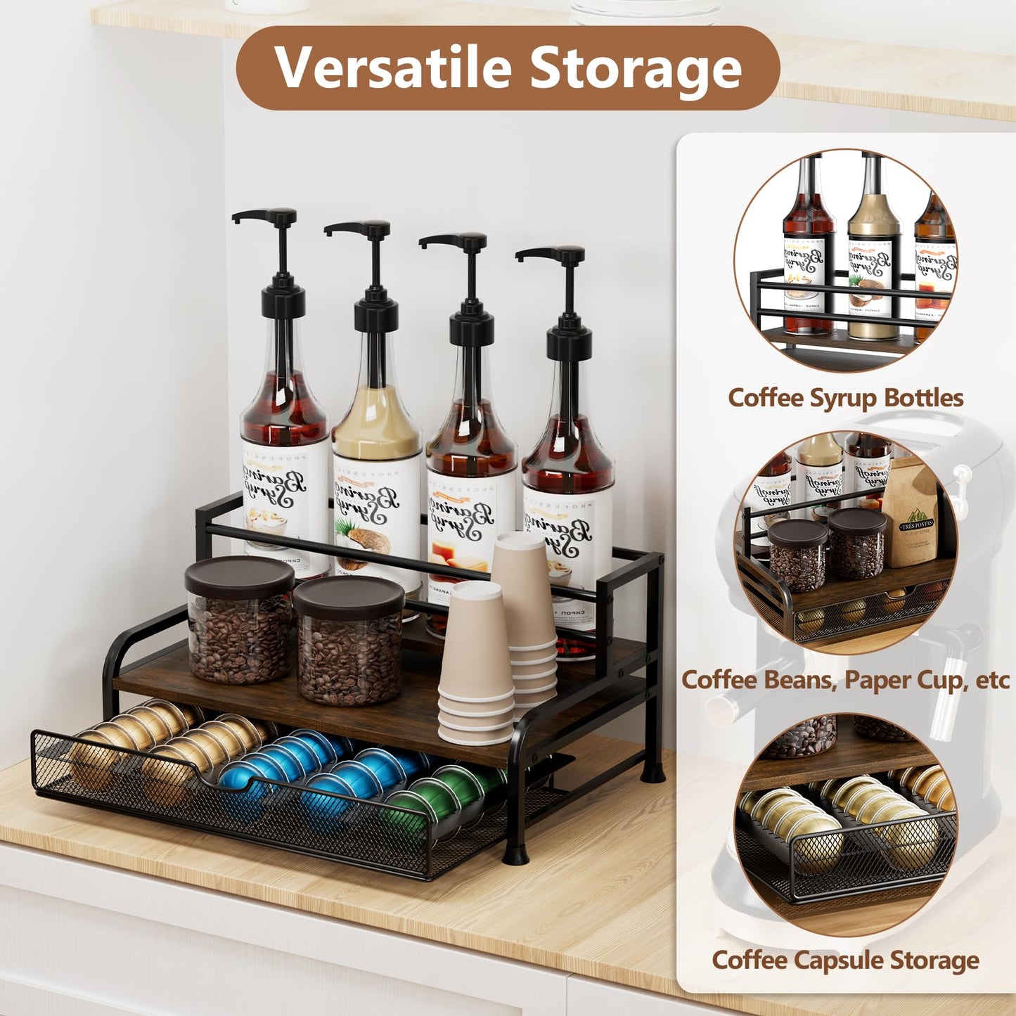 Coffee Syrup Rack Organizer, 3-Tier 8 Bottles Syrup Rack with Pod Holder Drawer for Nespresso Pods, Holds up to 30 Big or 40 Small Capsules, Countertop Coffee Bar Organizer for Kitchen Cafe
