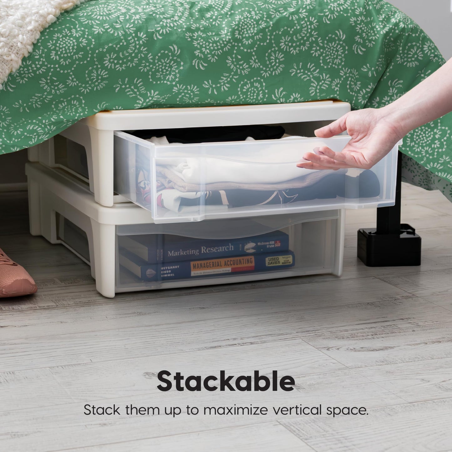 IRIS USA 22 Qt Under Bed Storage, Stackable Organizer Bin Plastic Container with Sliding Drawer, 2 Pack, Multi-Purpose for Clothes, Shoes, Bedding, White