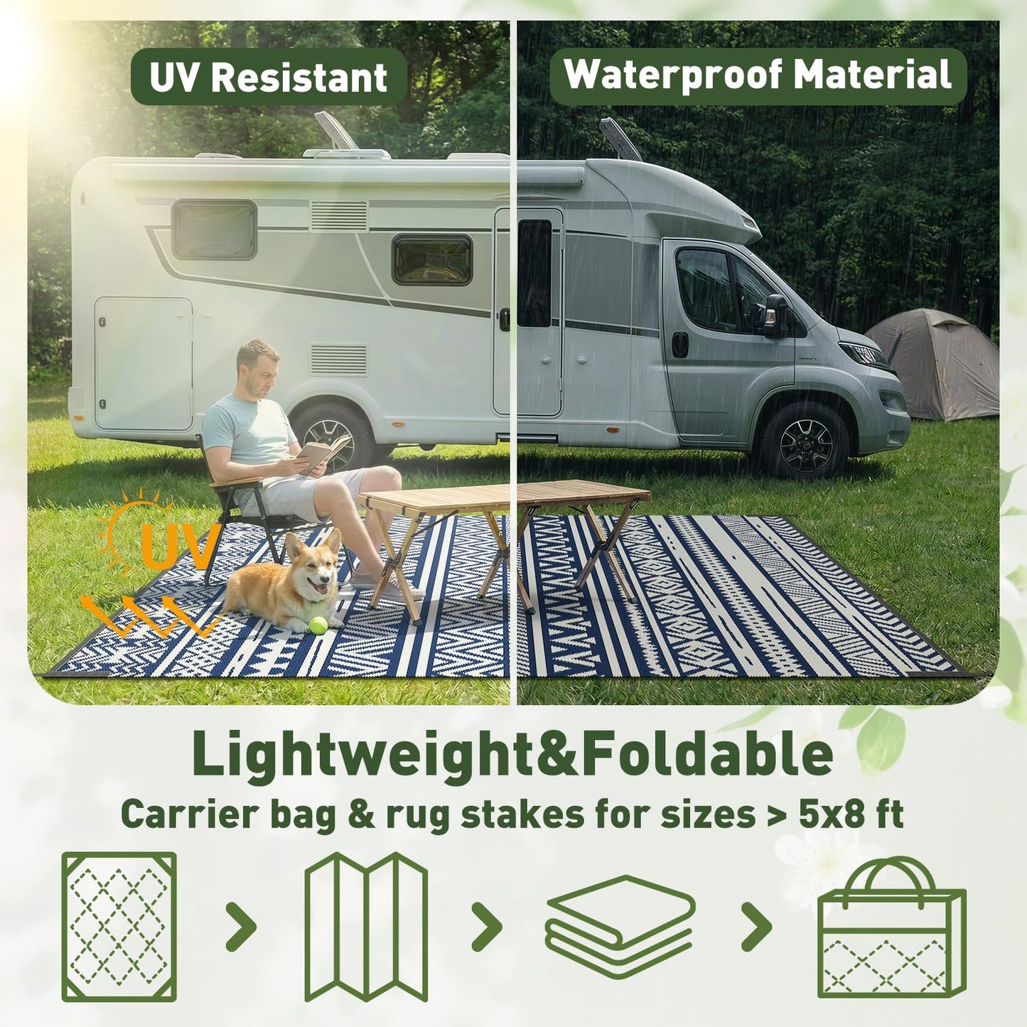 MontVoo-Outdoor Rug Carpet Waterproof 5x8 ft Reversible Patio Rug RV Camping Rug-Plastic Straw Rug Outside Indoor Outdoor Area Rug for Patio Deck Balcony Picnic Beach Outdoor Decor Boho Navy Blue