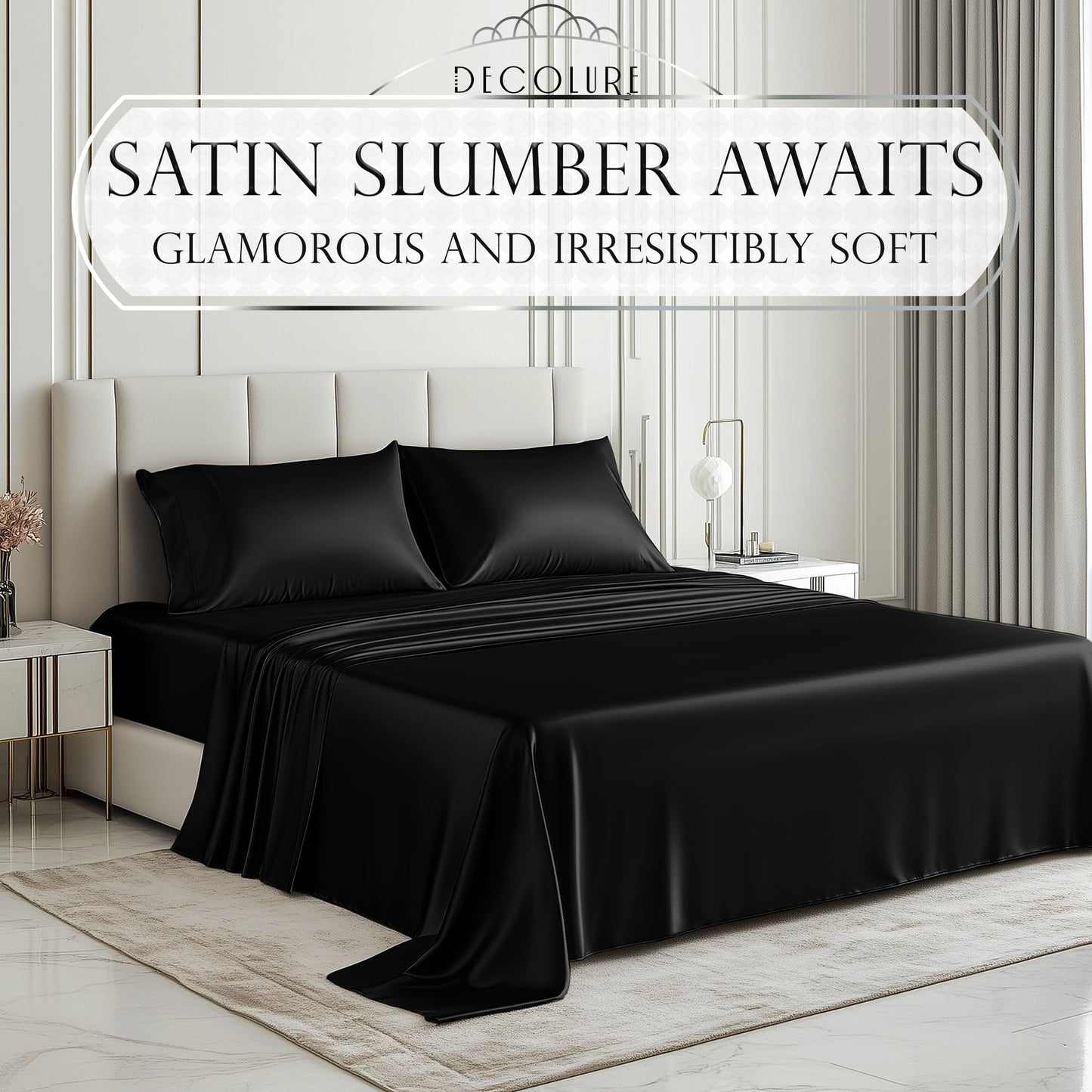 DECOLURE Satin Bed Sheets - 4 Piece Luxury Silky Queen Size Bedding Set - Softer Than Silk, Wrinkle-Free with 15” Deep Pocket Fitted Sheet, Perfect for Hair & Skin, Gifts for Women (Black)