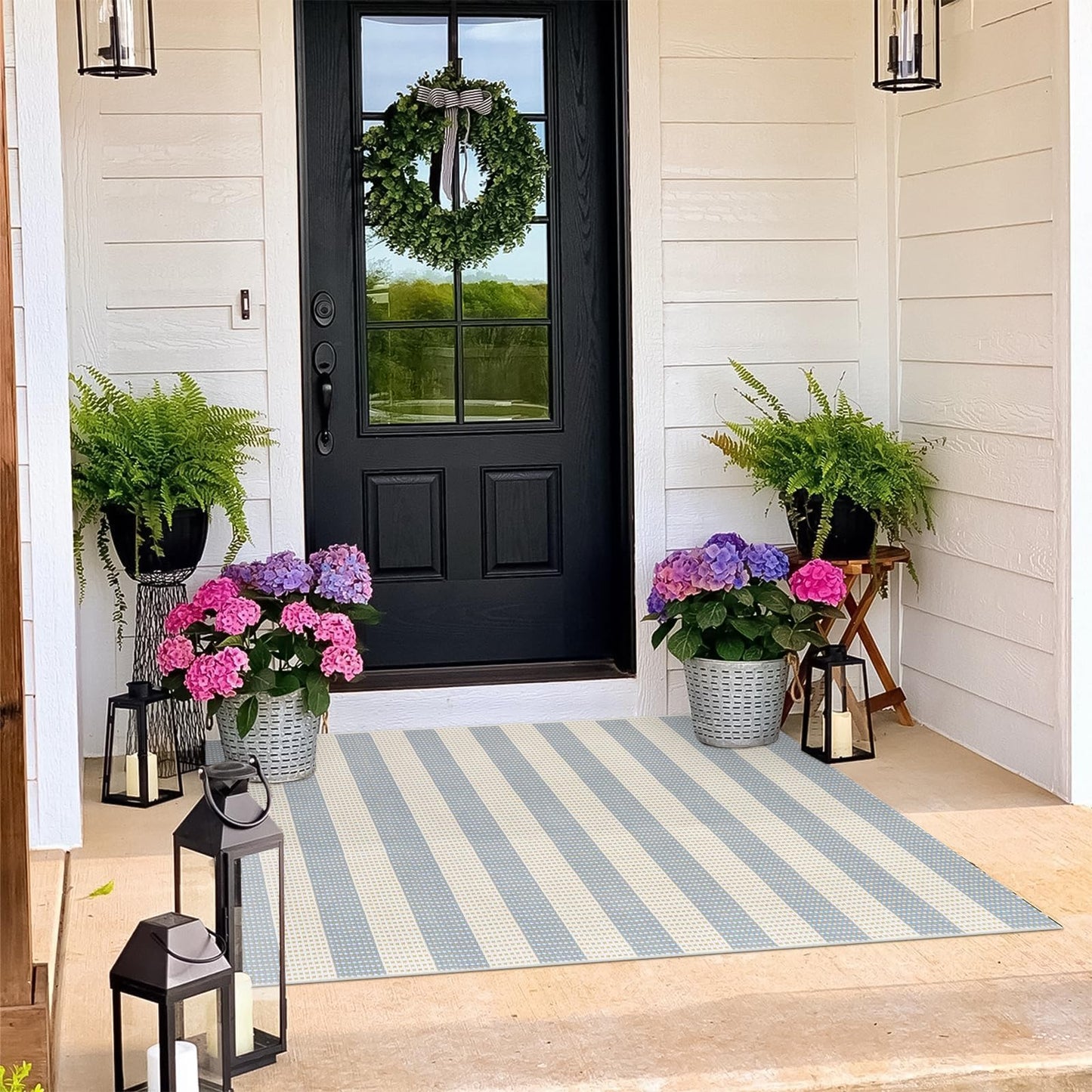 OJIA Washable Outdoor Rug 3'x5', Blue/White/Tan Outdoor Area Rug Entryway Rugs Indoor Door Mat Front Porch Rug Cotton Small Checkered Rug Floor Carpet for Entry/Patio/Bedroom/Living Room