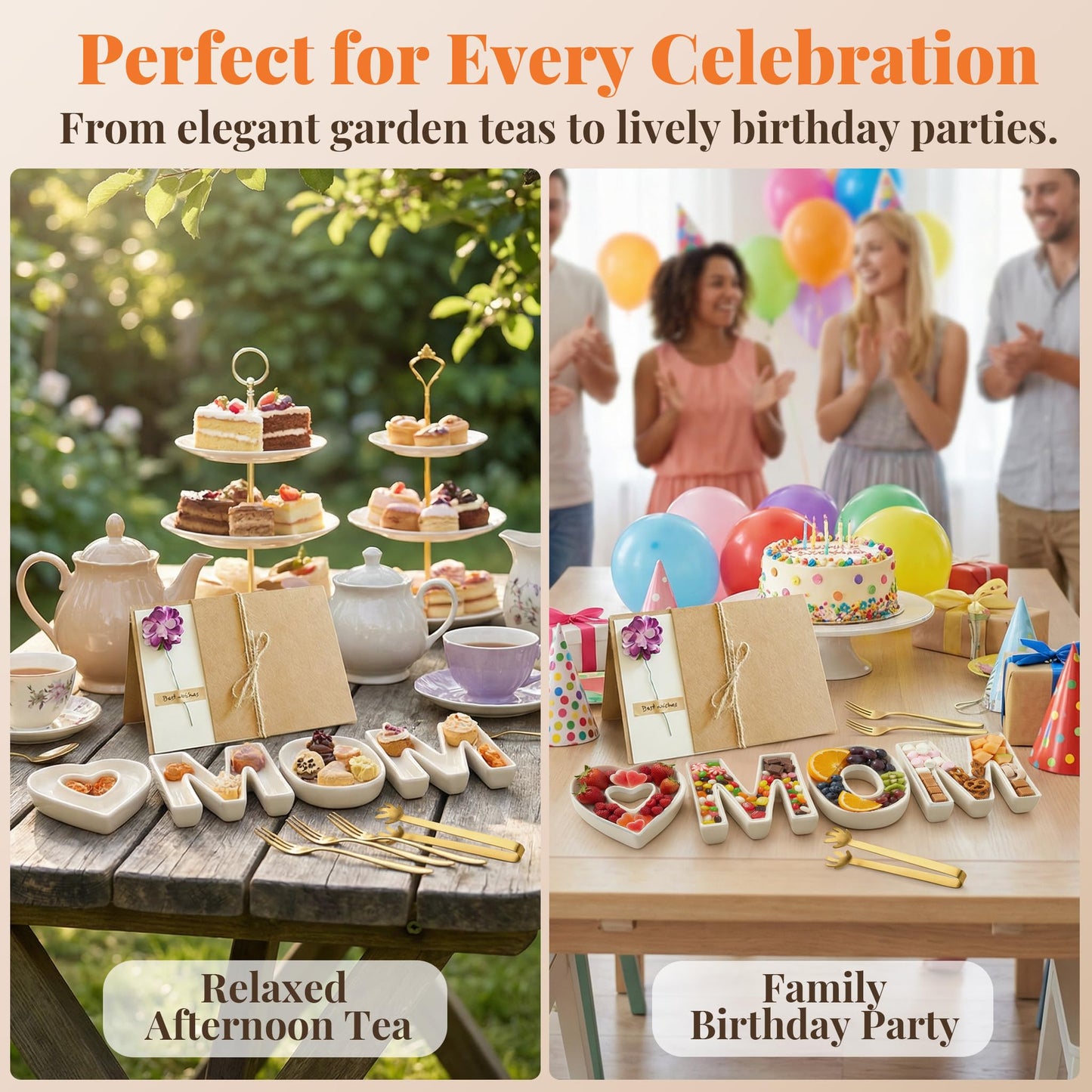 Mother’s Day & Birthday Gifts for Mom - Ceramic "MOM" Letter Candy Dishes & Charcuterie Board Set with 12 Gold Serving Utensils & 3D Greeting Card - Unique Table Decor for Party & Afternoon Tea