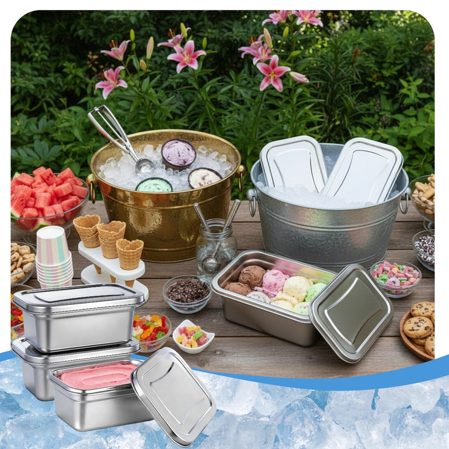 Singhoow 3 Pcs Reusable Stainless Steel Ice Cream Storage Containers with Lids 1.2 Quart Homemade Ice Cream Freezer Storage Ideal for Kitchen Use, Fruit, Freezer 7.6 x 4.9 x 2.8 Inch