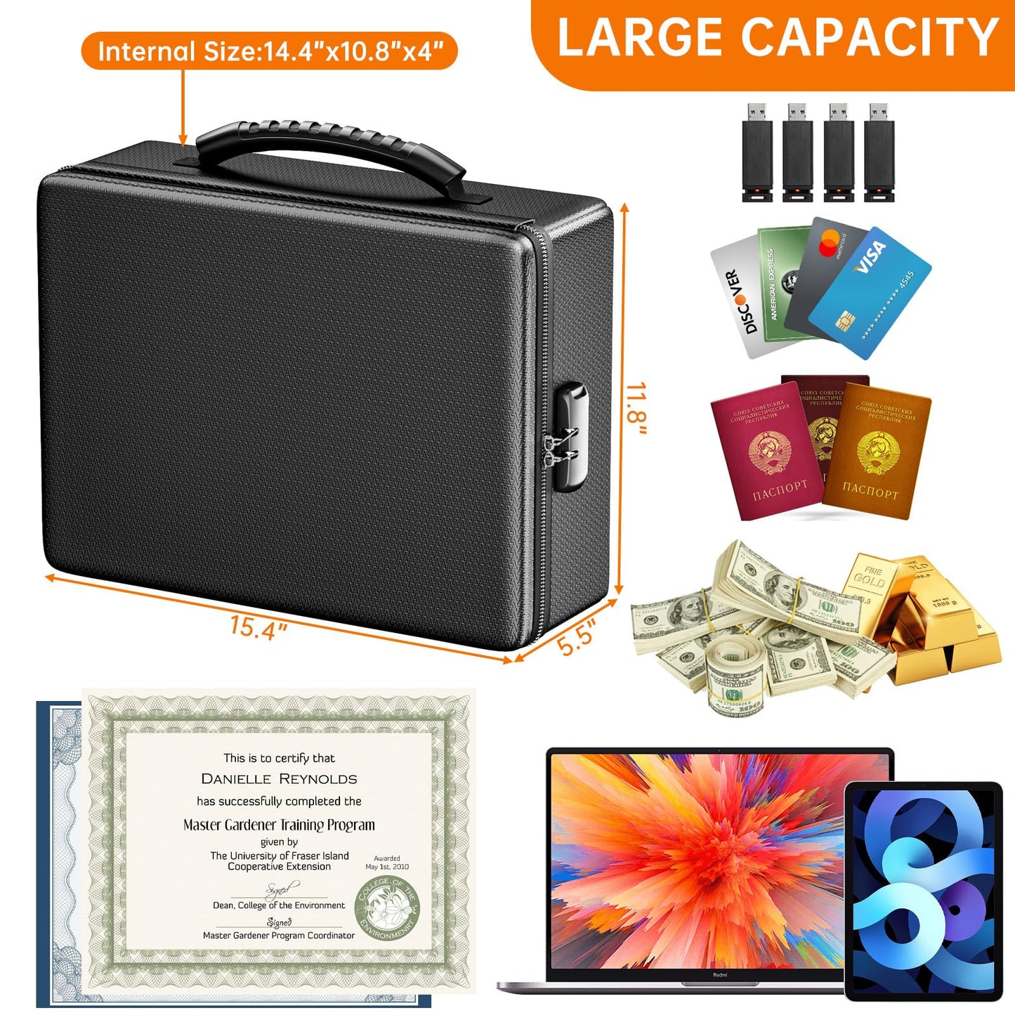 ENGPOW Fireproof Document Box, Hard Case File Box with Fireproof Zipper＆Lock, 6400°F Heat Insulated Fire and Water Resistant Portable File Organizer Storage Home Safe for Documents Laptop Cash Black