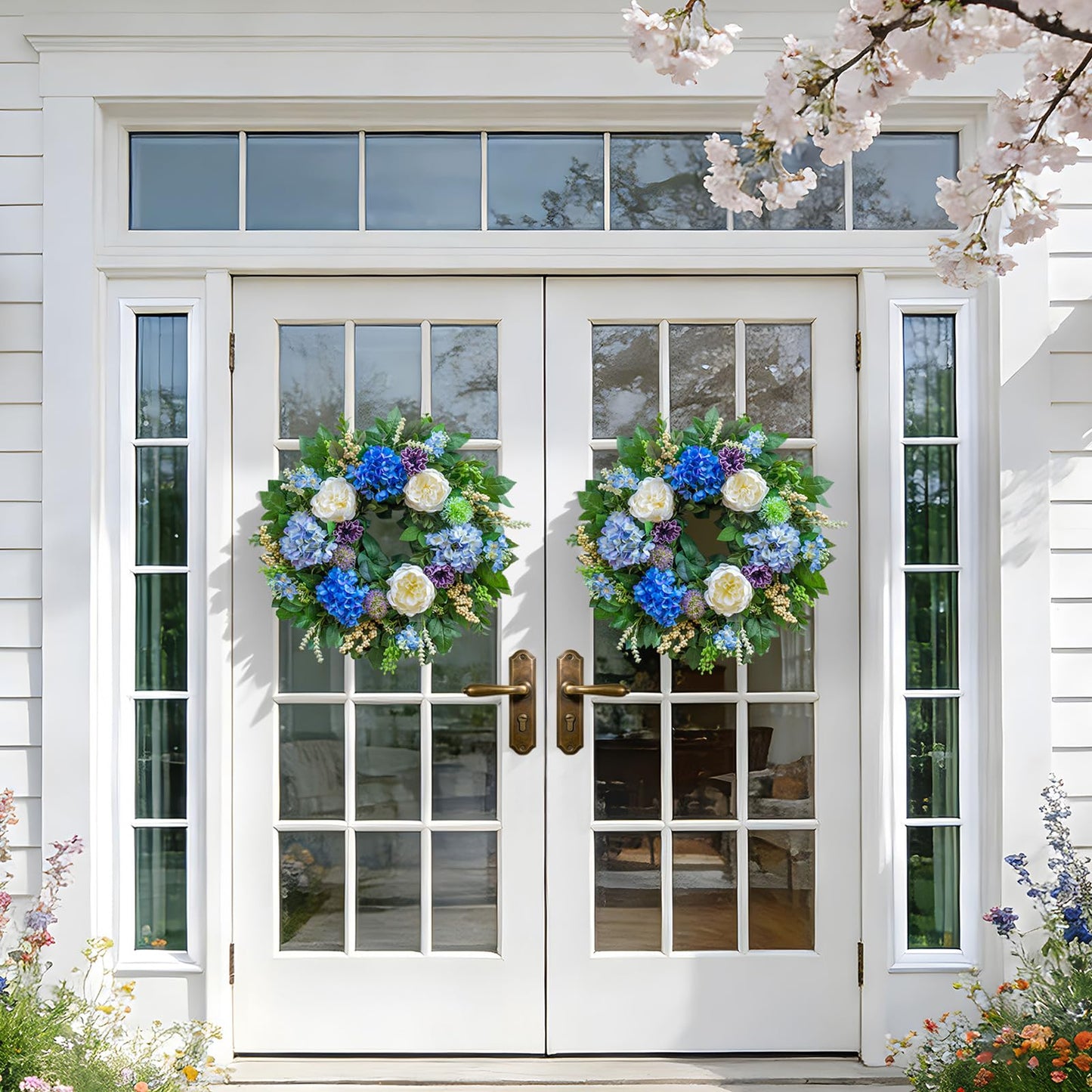Pinkpuii 26 Inch Spring Wreaths for Front Door Outside– Large Artificial Summer Wreath with Blue Hydrangea, White Peony Flowers and Eucalyptus Leaves– Indoor Outdoor Porch Farmhouse Home Wall Décor