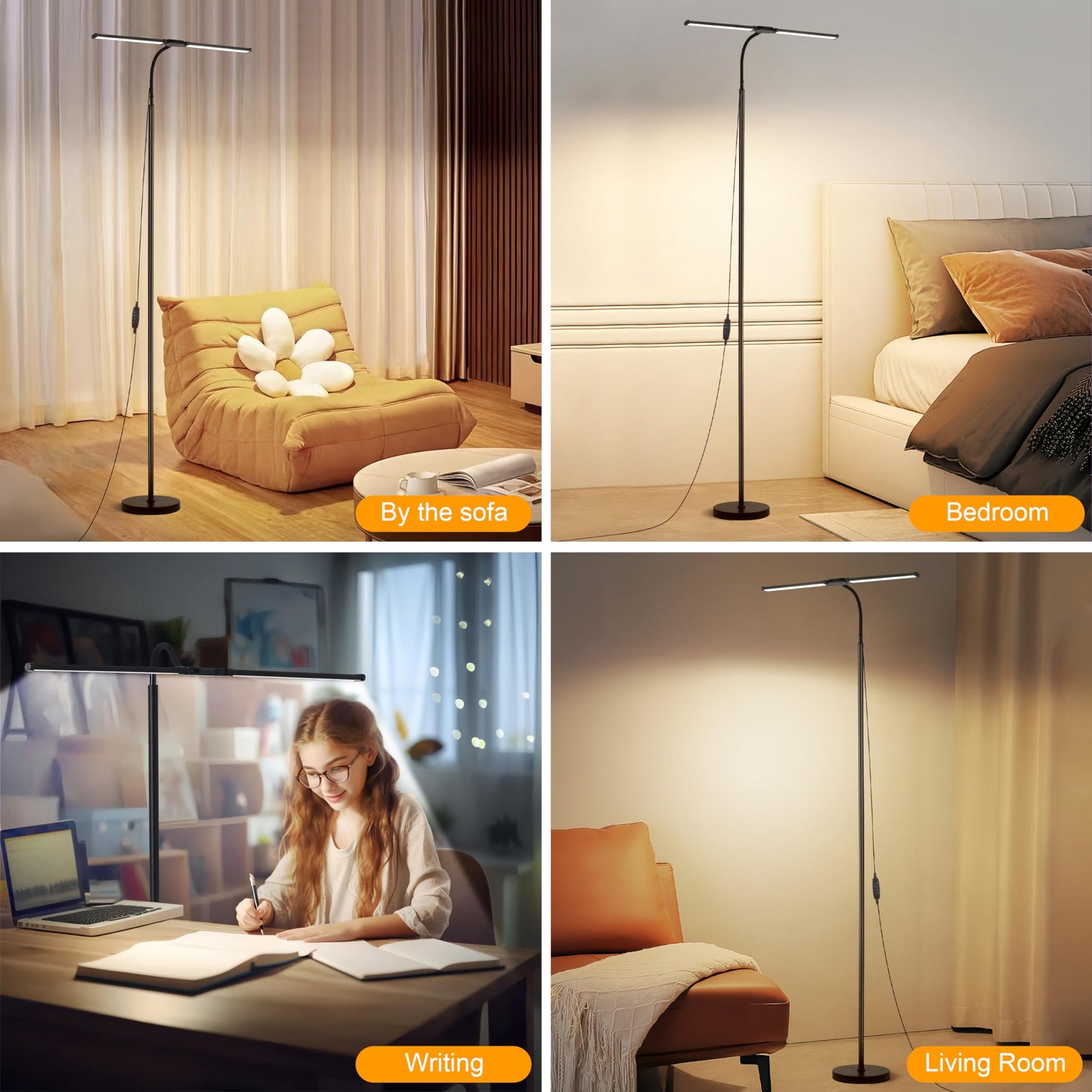 JhauvMw 18W Dual Head LED Floor Lamp, Extended Flexible Gooseneck, Eye-Caring 3 Color Modes & 10 Brightness Levels, 4 Detachable Poles, USB Standing Light for Living Room, Bedroom, Office Reading