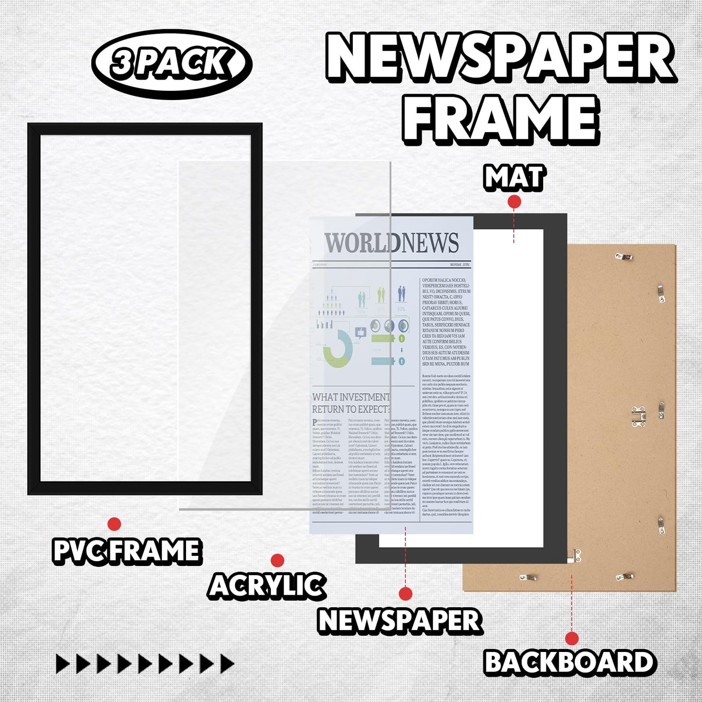 DoubleFill 3 Pcs 11x22 in Newspaper Frame with Mat Assorted Media Article Cover Frame with Hanging Hardware 14x24 in Newspaper Display Poster Frame for Wall Decoration (Black Mat)