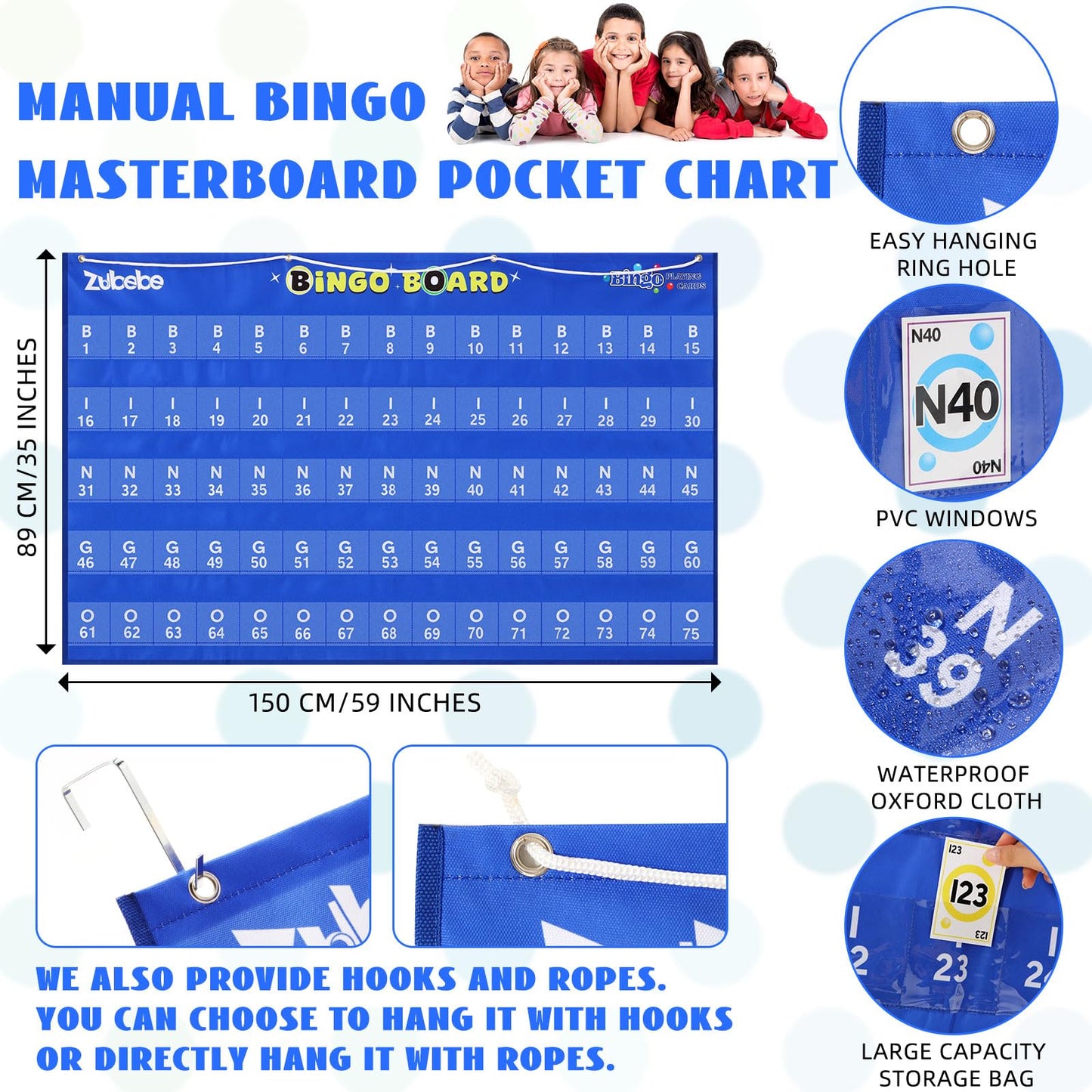Zubebe 2 Pack Manual Bingo Masterboard Pocket Chart with Bingo Calling Cards Deck Reusable 59×35 Giant Bingo Poster with 75 Pockets for Family Number Bingo for Adults Large Board Groups