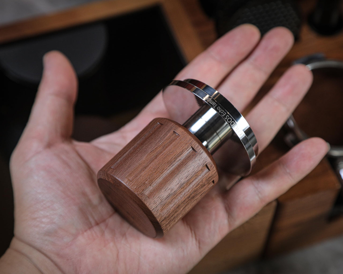 KNODOS Echo Calibrated Espresso Tamper 54mm with Click Feedback, 30lb Spring, Walnut Handle for Breville Portafilters