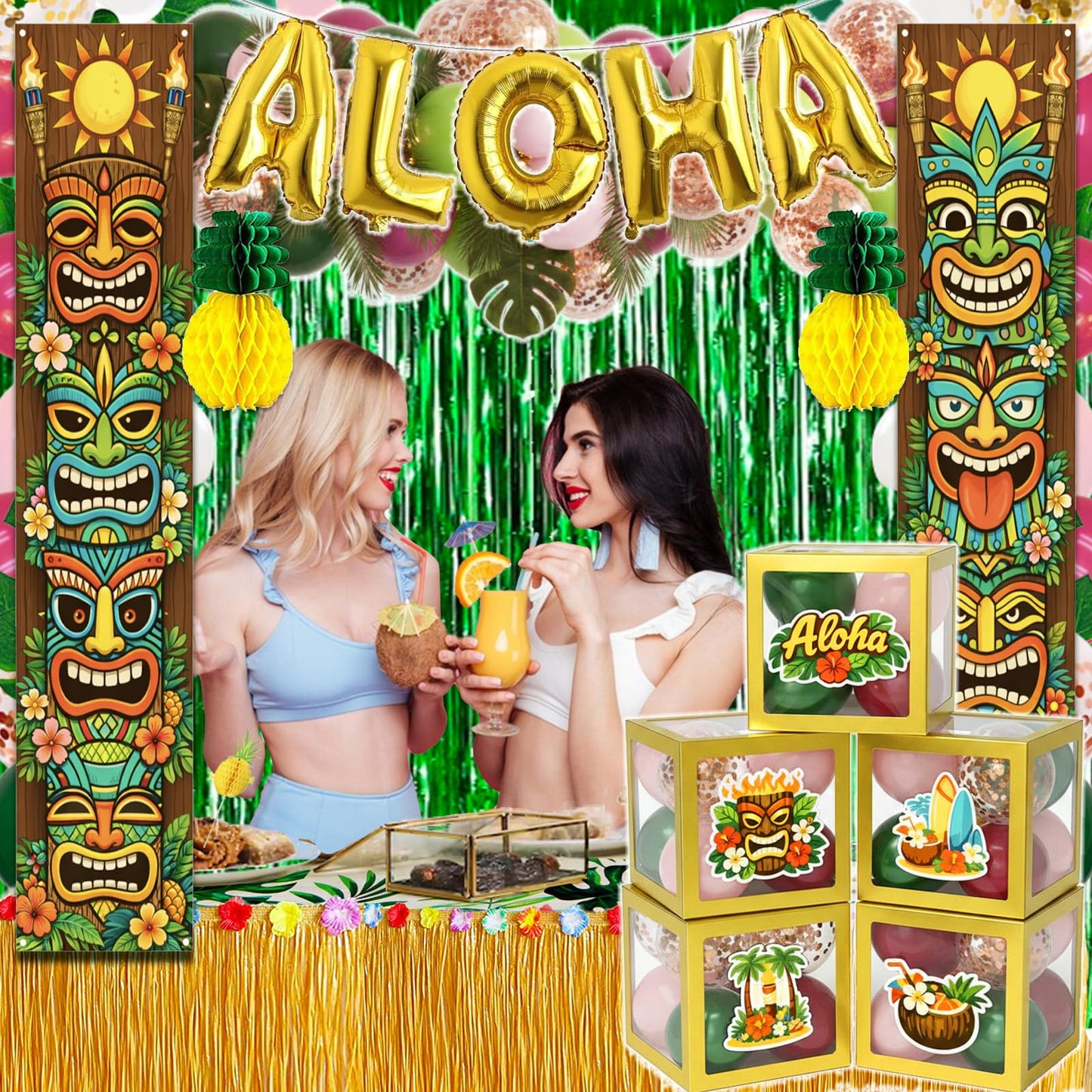 169 PCS Luau Party Decorations, Hawaiian Party Supplies - "ALOHA" Balloons, Hawaiian Boxes, Balloon Arch Garland Kit, Fringe Curtains, Palm Leaf, Table Cloth and Skirt