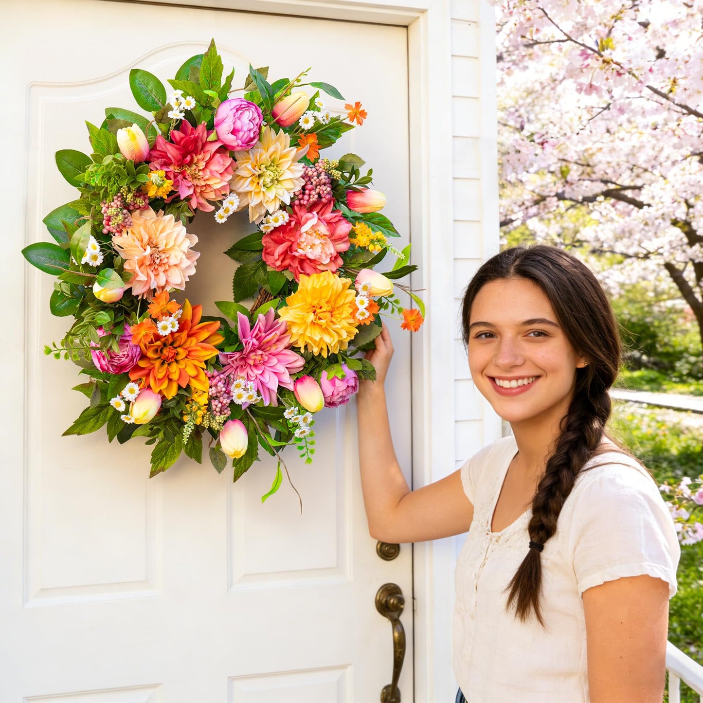 Spring Wreath 24 Inch Summer Wreaths for Front Door with Dahlia and Greenery, Wreath for All Seasons,Spring and Summer Wreaths for Front Door Outside or Indoor