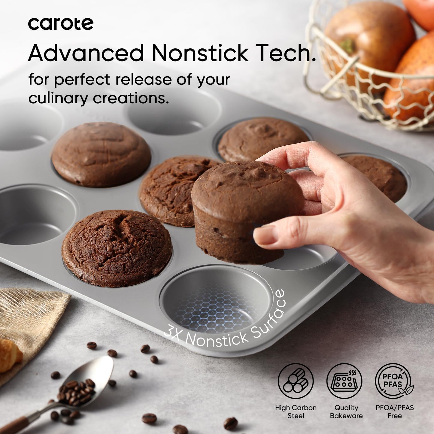 CAROTE 7-Piece Nonstick Stackable Baking Pans Set - Bakeware Sets Including Cookie Sheets for Baking, Muffin Pan, Bread Pan, Cake pan, Loaf Pan, Roasting Pan, Gray & Blue