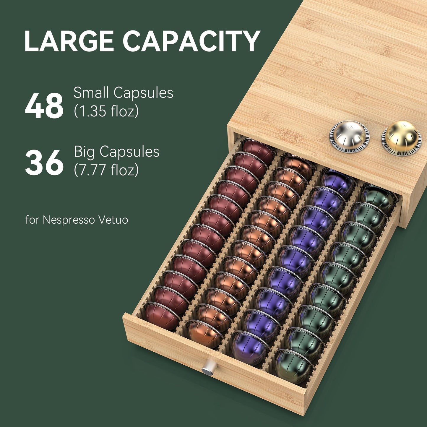 WELL WENG for Nespresso Vertuo Capsules (NV136) - Premium Bamboo Coffee Pod Drawer, 36 Big or 48 Small Vertuoline Pods Organizer - 10.8"Wx14"Dx3.9"H (Natural)