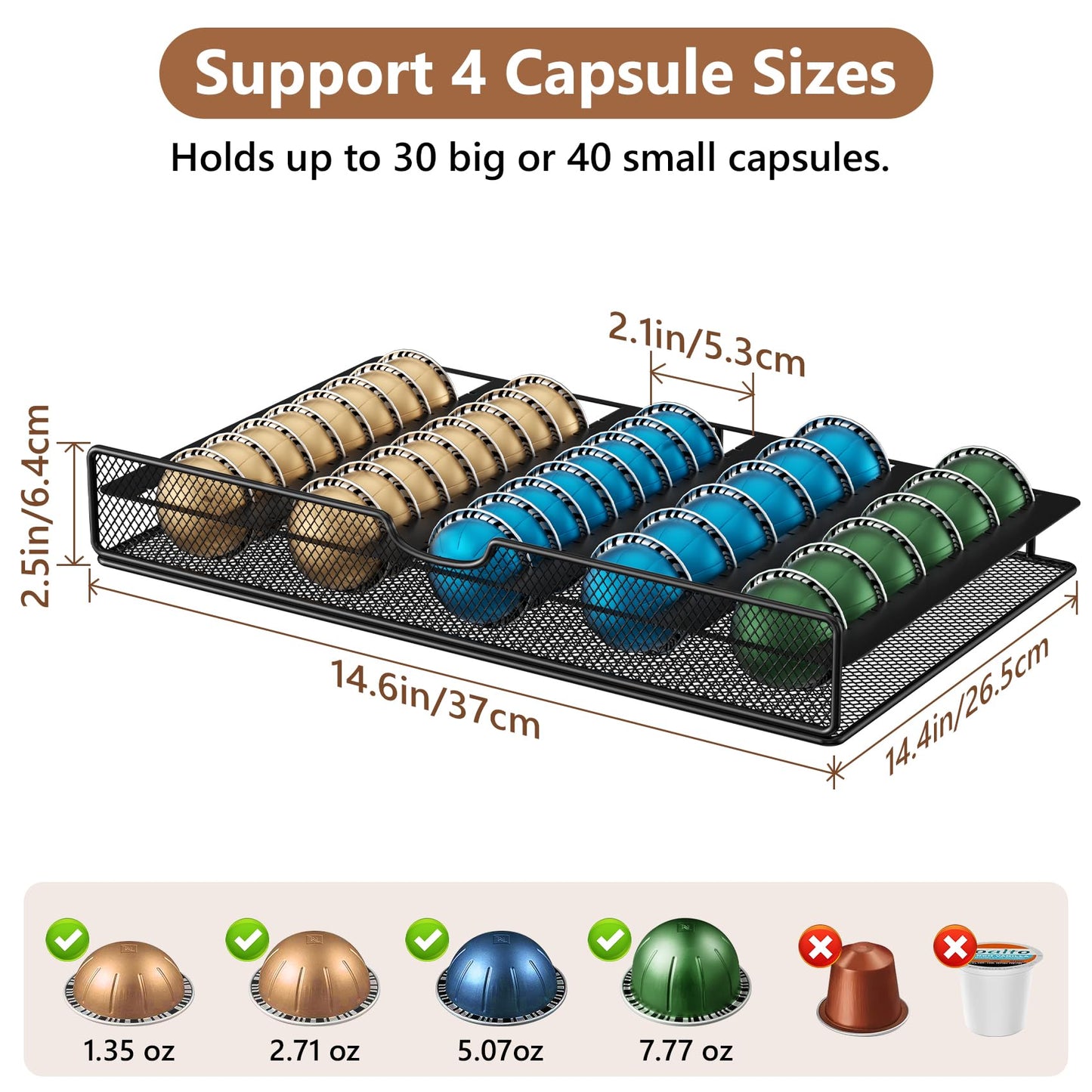 Coffee Syrup Rack Organizer, 3-Tier 8 Bottles Syrup Rack with Pod Holder Drawer for Nespresso Pods, Holds up to 30 Big or 40 Small Capsules, Countertop Coffee Bar Organizer for Kitchen Cafe