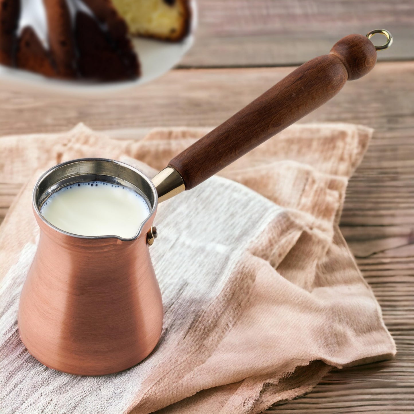DEMMEX Brushed Copper Turkish Coffee Pot Cezve Ibrik Greek Coffee Briki Stovetop Coffee Maker with Wooden Handle & Spoon, 1mm Thick Copper, Handmade in TURKEY, 8 fl Oz - 3 Servings