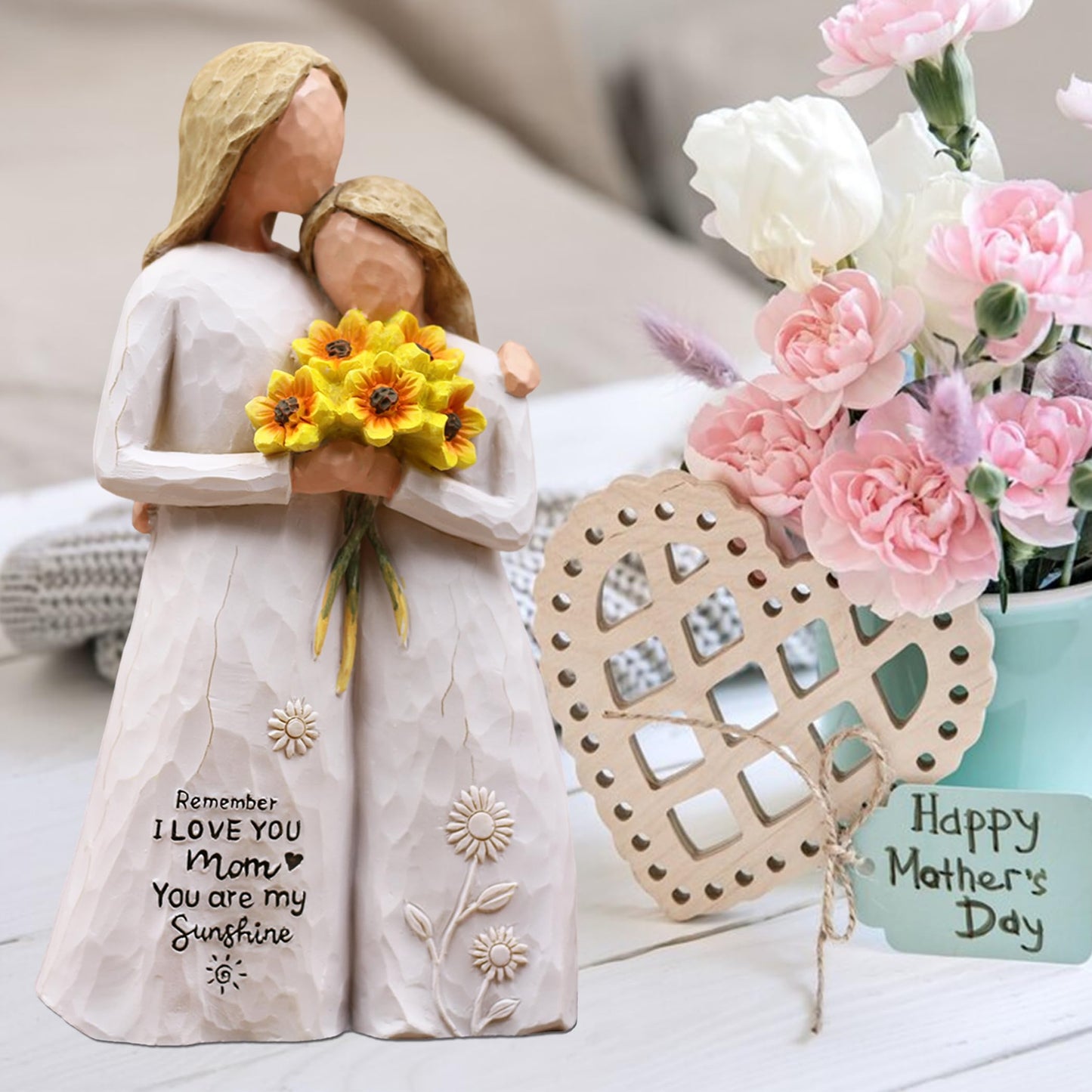 AUMELO Mom Birthday Gifts from Daughter, Gifts for Mom, Hand-Painted Mother Daughter Figurine Holding Sunflowers, 5.7" Resin Keepsake for Mothers Day, Christmas, Mother of the Bride(White)