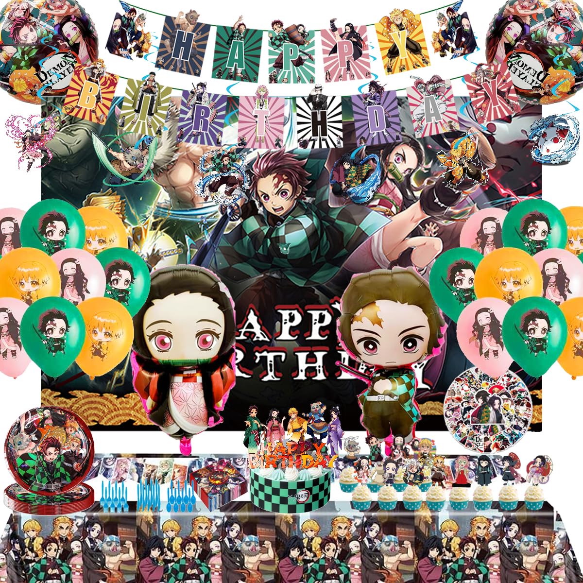 demon birthday party decorations，Anime theme party supplies,Including banners, balloons, tablecloths, dinner plates, etc.