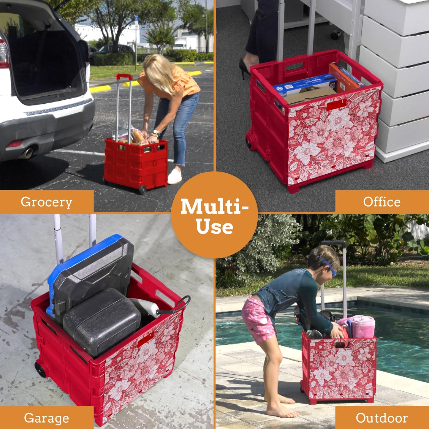 Inspired Living Ultra-Slim Rolling Collapsible Storage Pack-N-Roll Utility-carts, with Telescopic Handle, for Home, Garden, Shopping, Office, School use, Large, Red, White Flower Print