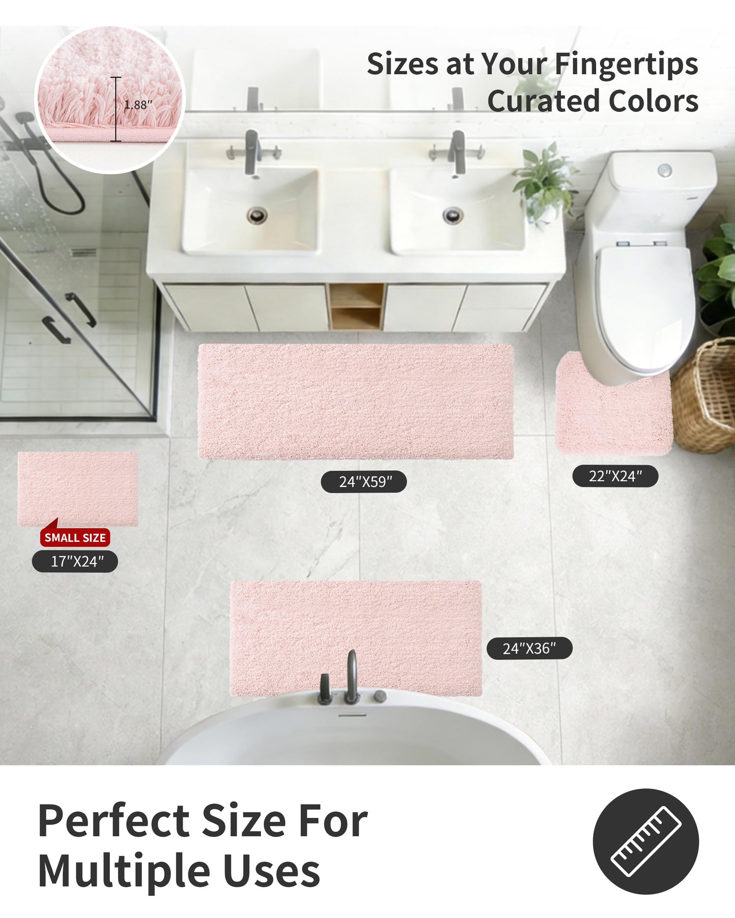 ILANGO Pink Bathroom Rugs 32" × 20" Non Slip & Super Absorbent Extra Thick Soft, Washable Bath Mat for Floor, Microfiber Plush Shaggy Bath Rug with Rubber for Bathtub Shower Room Sink