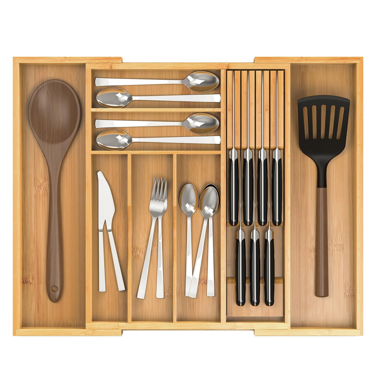 Thalomely Bamboo Kitchen Drawer Organizer, Expandable Silverware Organizer with Removable Knife Block, 6-8 Slots- Utensil Holder & Cutlery Tray Drawer Dividers, 2.36" Deep for Extra Capacity, Natural