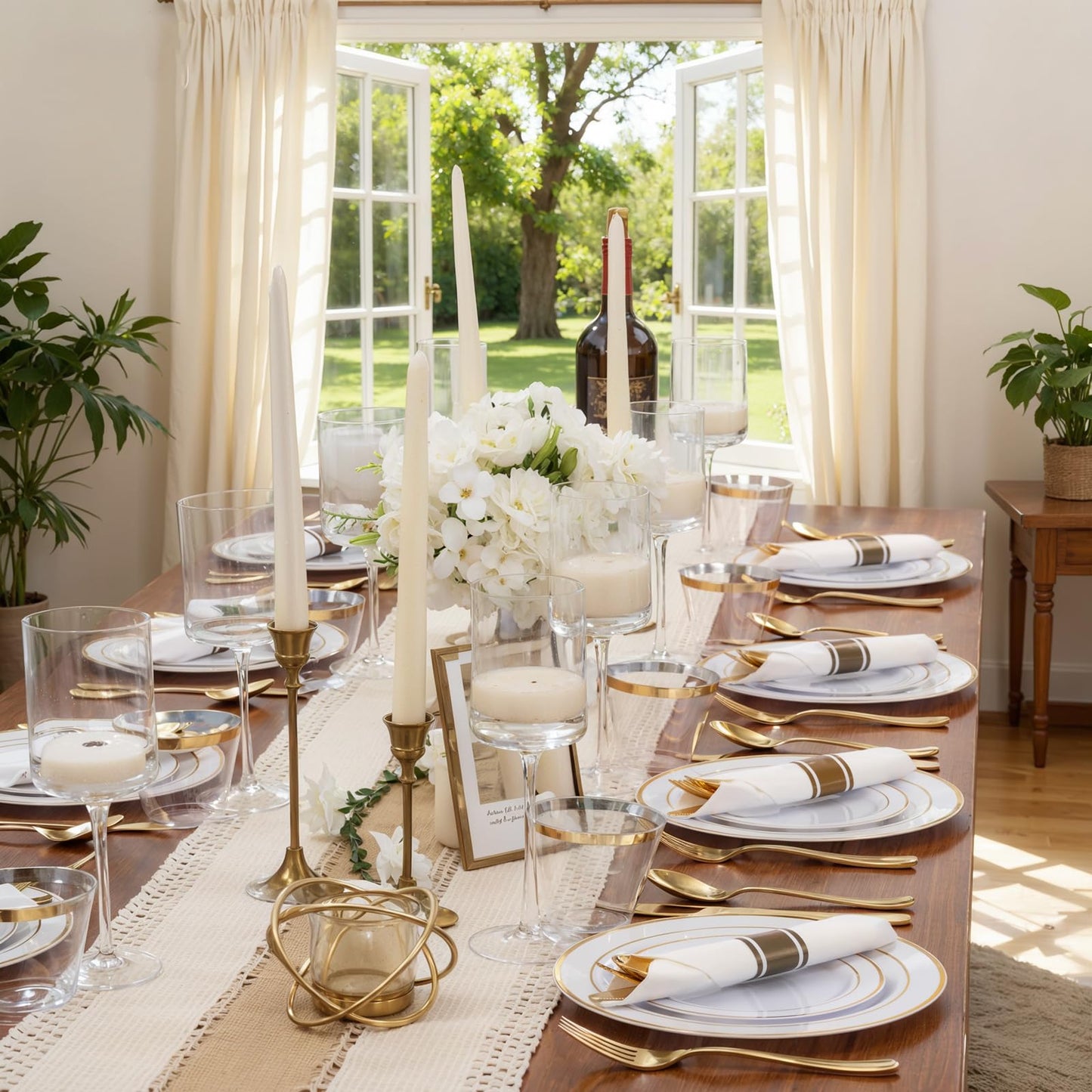 WDF Partyware 350Piece Gold Dinnerware Set for 50 Guests - Gold Plastic Plates with Disposable Cutlery - 50Dinner Plates-50Dessert Plates-50Pre Rolled Napkins with Silverware for Wedding/Birthday