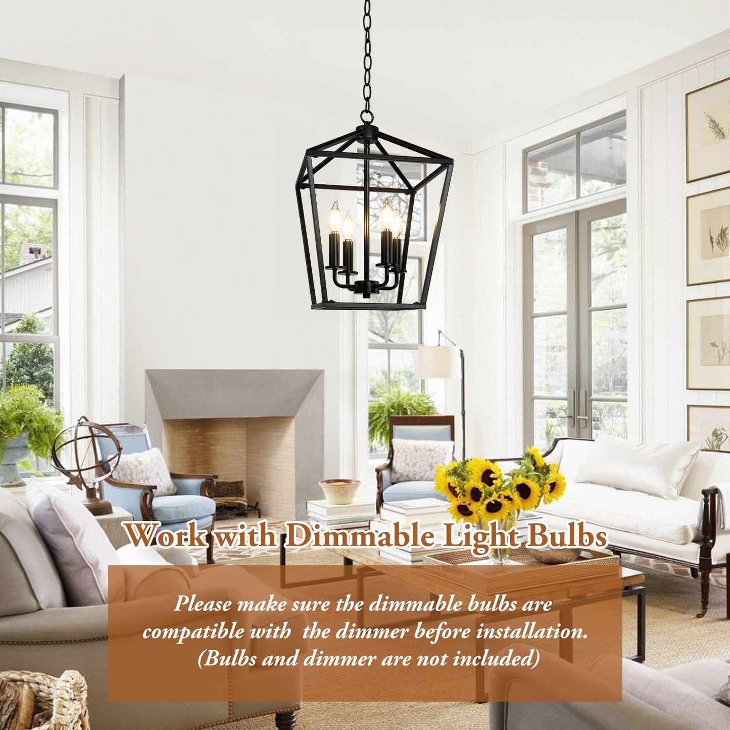 BrightHome Farmhouse Chandelier 4-Light, Black Pendant Light Fixture for Kitchen Island Dining Room, Lantern Industrial Lighting Ceiling Hanging with Metal Cage Adjustable Height for Entryway Foyer