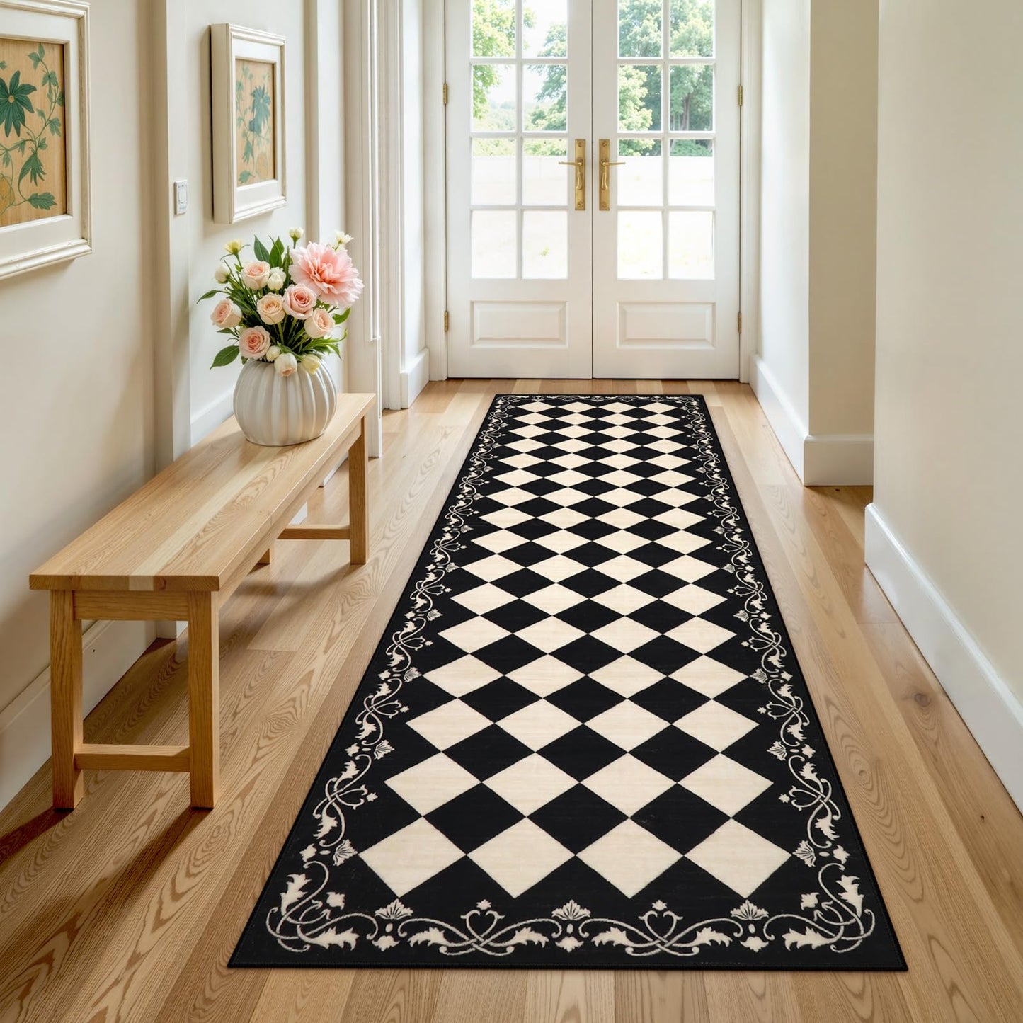 Beeiva Checkered Black Runner Rug for Hallway 2.5x8, Washable Runner for Entryway Bathroom Ultra Thin Non Slip, Moroccan Stain Resistant Print Kitchen Rug 8ft, Plaid Carpet for Besides Laundry Decor