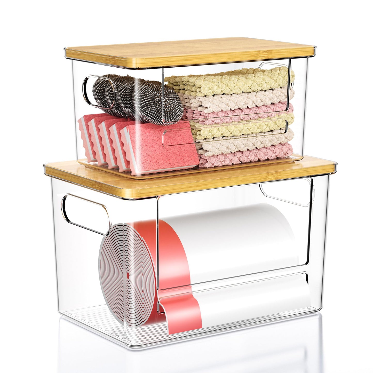 Trash Bag Dispenser 2 Pack, Stackable Trash Bag Holder with Bamboo Lid – Clear Plastic Garbage Bag Organizer for 4-33 Gal Bags, Space-Saving Under Sink Organizer for Kitchen, Laundry, Pantry
