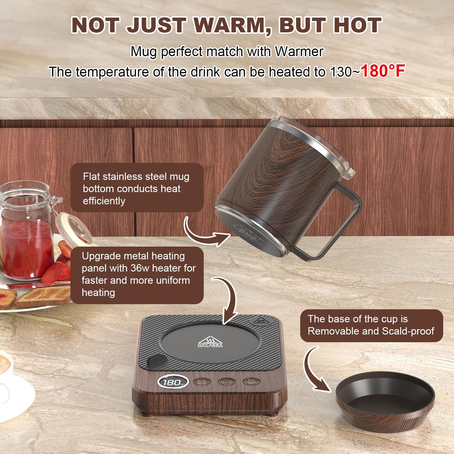 Felibeaco Coffee Mug Warmer & Mug Set for Desk, Smart Coffee Cup Warmer with 16oz Heated Mug, Cup Heater with Auto Shut Off for Office/Home, Coffee Gifts for Men&Women, for mom,Wood