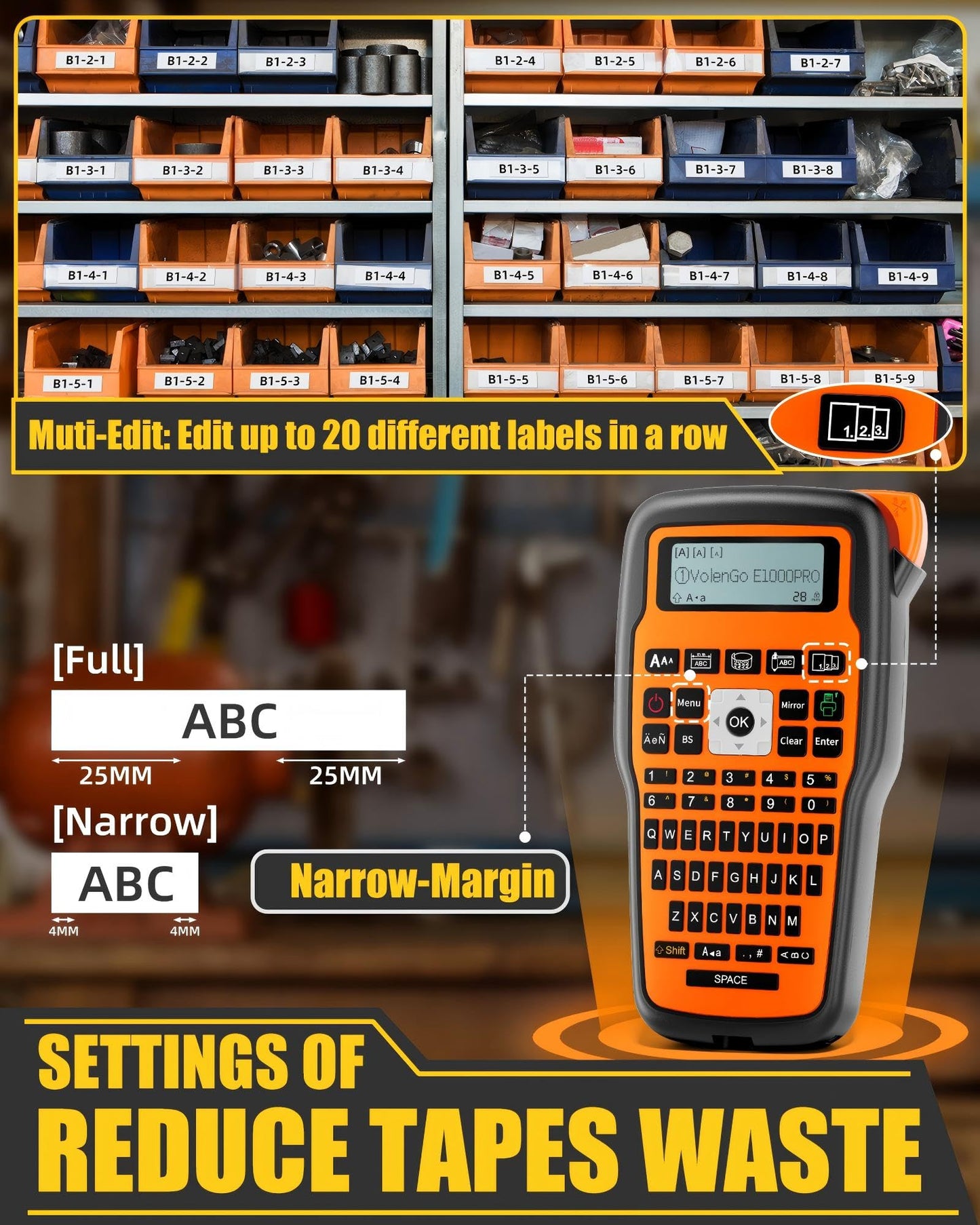 VolenGo Label Maker Machine with-Tape, Heat Shrink Label Maker Waterproof-Labels, Wire Cable label Maker, E1000 Labeler Machine with-Tape 12mm Laminated Handheld Labeling Machine for Industrial Office