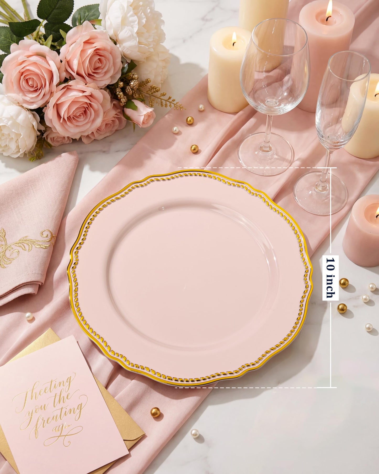 Hioasis 60pcs Pink Plastic Plates - Pink and Gold Disposable Dinnerware with Gold Rim, Heavy-duty, 10 inch, Dinner Plates for Party & Wedding
