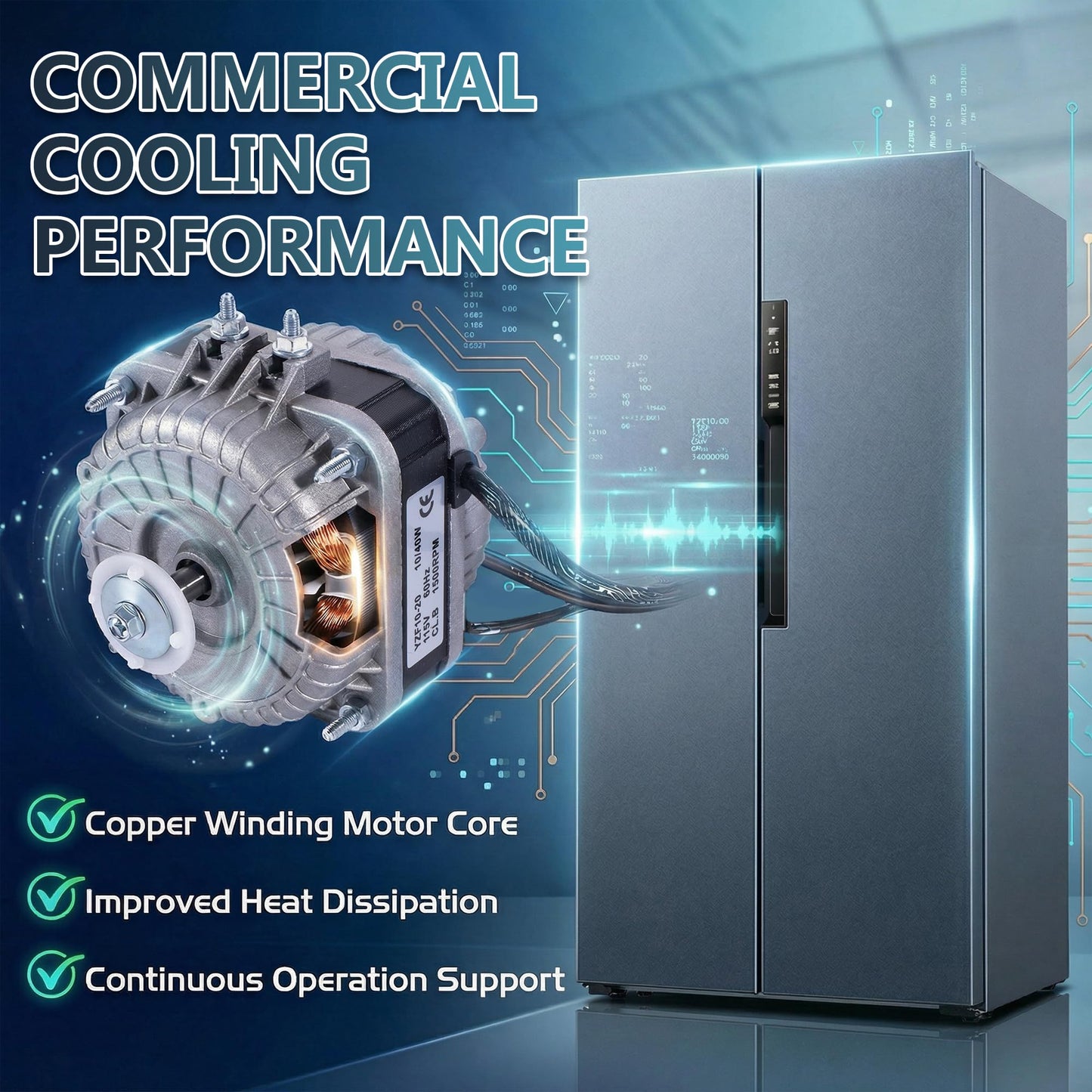 APFM-101E YZF10-20 10W Refrigerator Condenser Fan Motor 115V 60Hz 1500RPM, Universal Refrigeration Cooling Replacement Motor with 9 Inch Aluminum Fan Blade & Mounting Base
