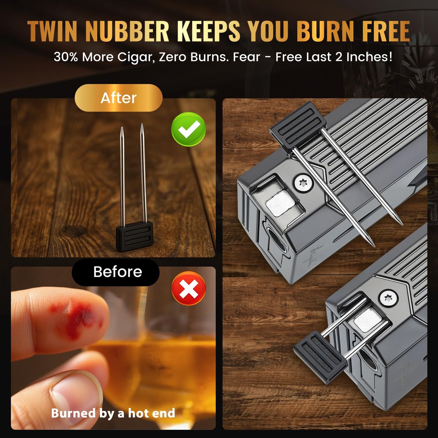 6-in-1 Torch Lighter with Twin Nubber, Auto-Pop V-Shape Clipper, Draw Enhancer, Holder and Punch, Refillable & Adjustable Windproof Butane Lighter, Premium Gift Box for Men & Travel Essential