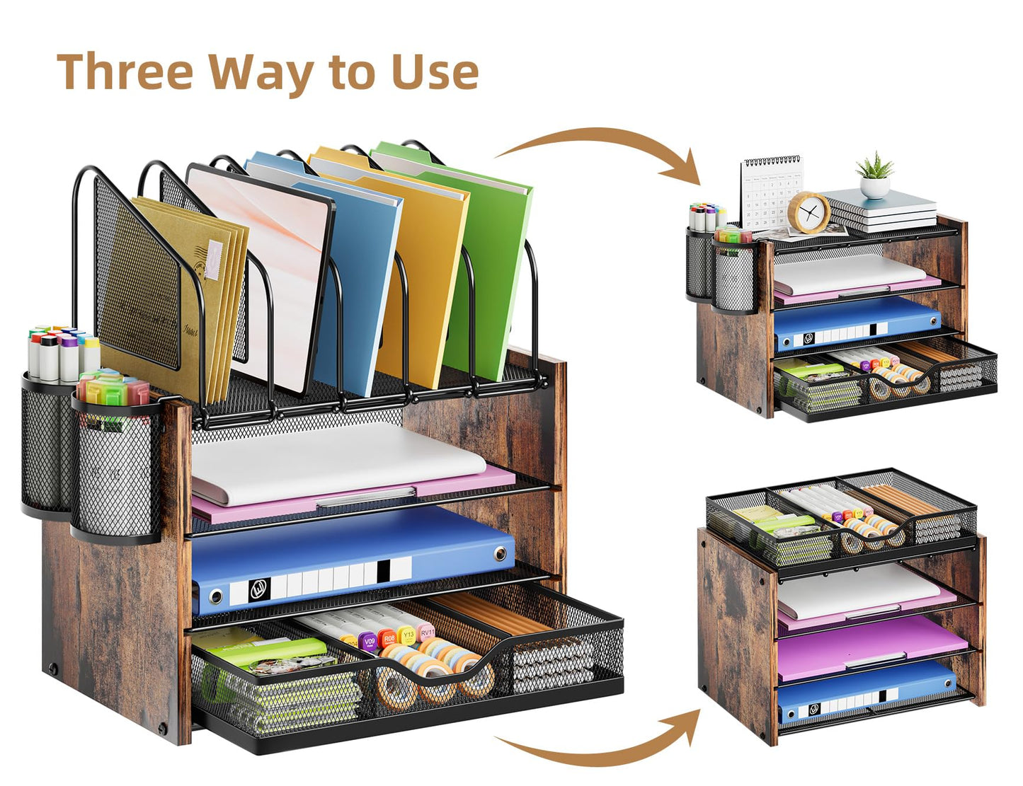 Marbrasse Desk Organizer with Drawer, 4-Tier Wooden File Organizer with 5 Vertical File Holders and 2 Pen Holders, Desk Organizers and Accessories for Home Office - Dark Brown