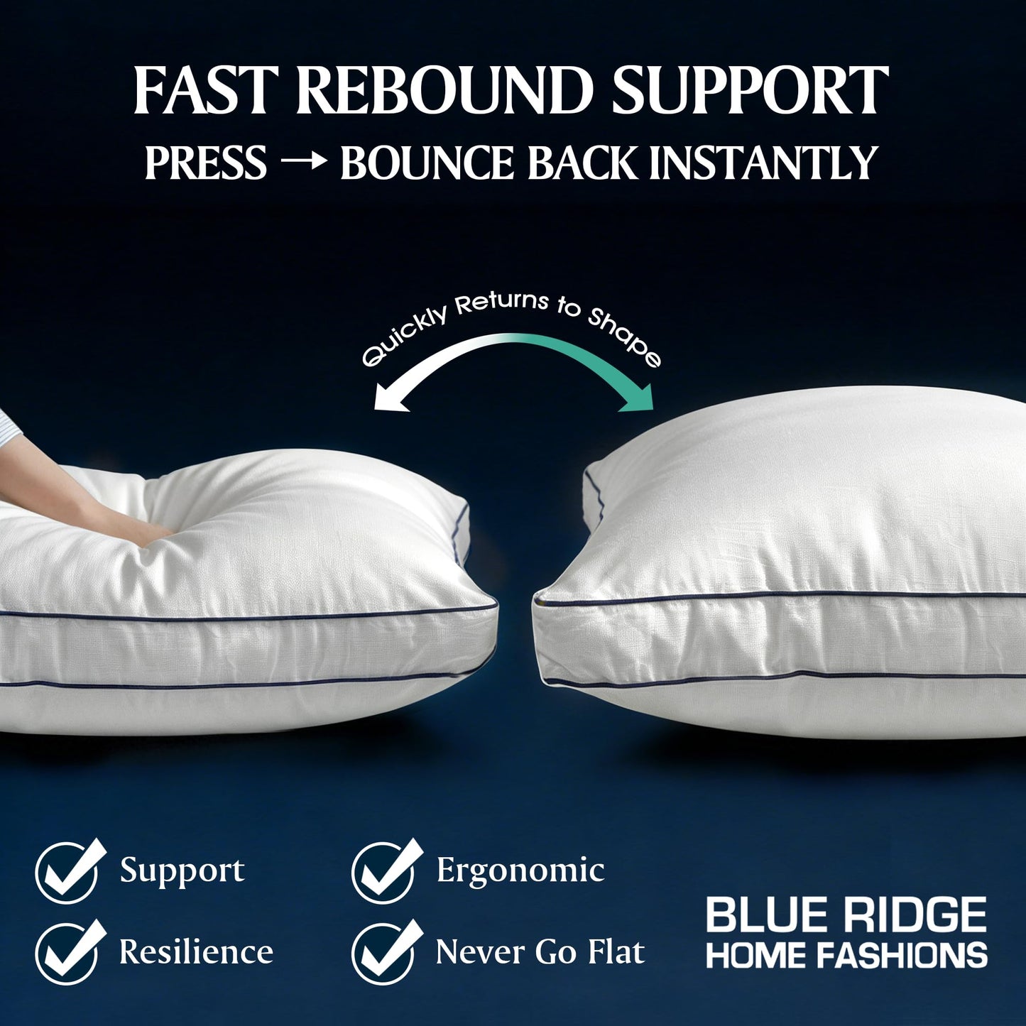 Blue Ridge Home Fashions Hotel Collection Pillows Queen Size Set of 2, Medium Soft Down Alternative Fill with Gusseted Design, Breathable 400 Thread Count Cotton Cover for All Sleep Positions