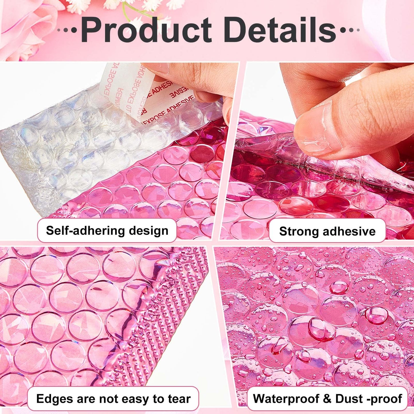 Henoyso 60 Pcs 8 x 11.5 Inch Holographic Bubble Mailers Metallic Padded Envelopes Self Seal Waterproof Shipping Bags Thick Cushioning Mailers for Book Clothes Makeup Jewelry, Silver, Pink, Rose Pink