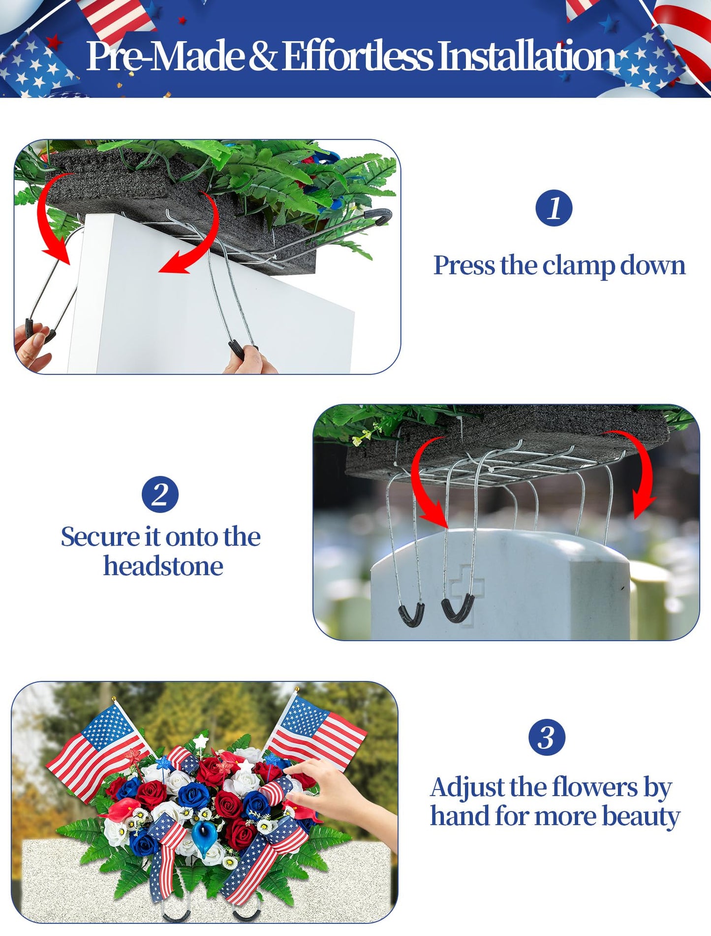 Memobloom Memorial Day Decorations for Cemetery: Patriotic Red White Blue Headstone Flower Saddle - Outdoor Artificial Velet Roses Cemetery Flowers for Grave with Flags for 250th Birthday of America
