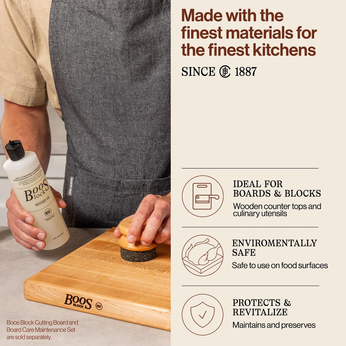 John Boos 3-Piece All-Natural Care & Maintenance Set - 16 oz Mystery Oil, 5 oz Board Cream & Round Applicator for Butcher Blocks, Cutting Boards, Wood Countertops, and Wooden Utensils
