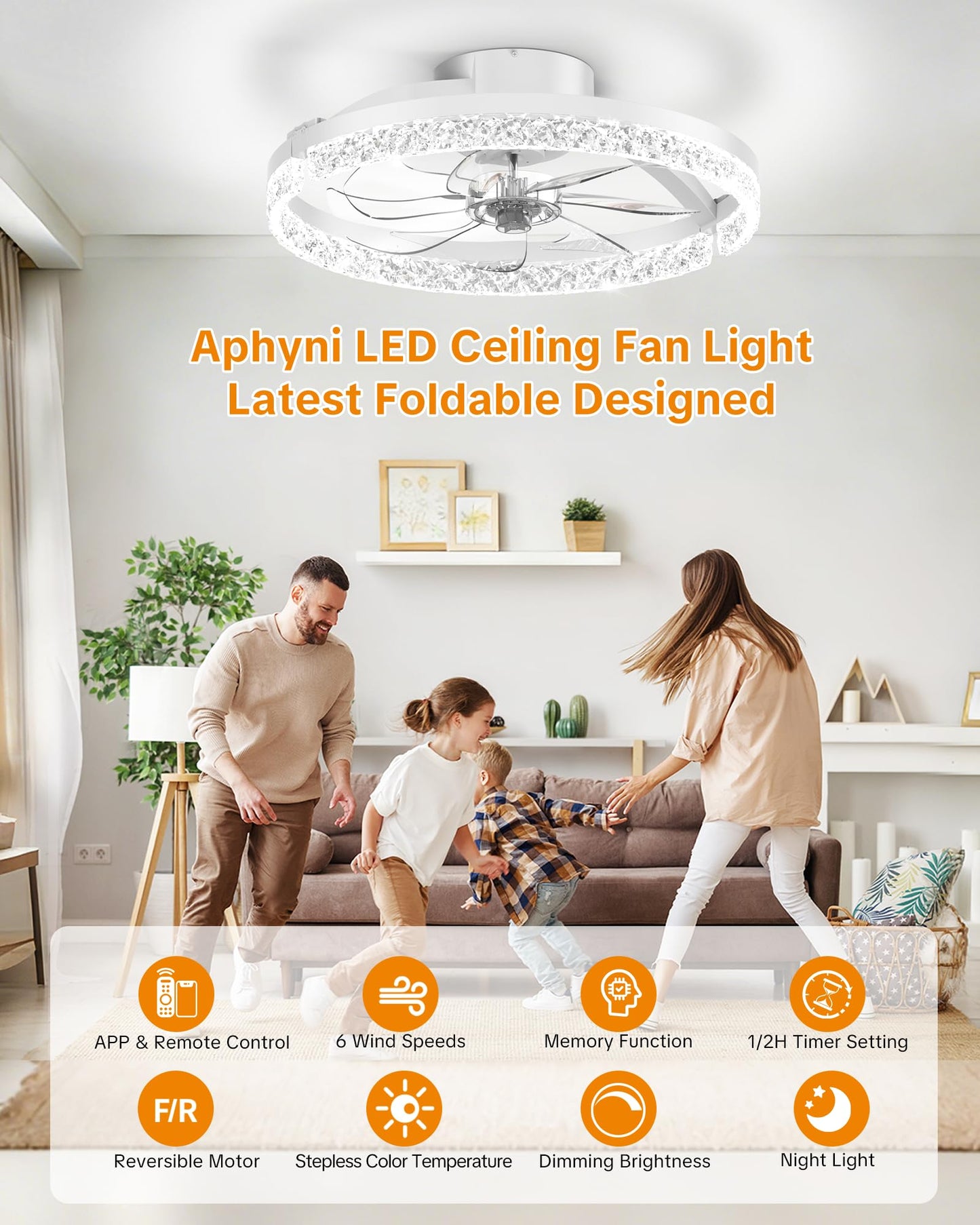 Aphyni Ceiling Fans with Lights and Remote, Low Profile Ceiling Fan, Morden Flush Mount LED Fan Light, 3000K-6500K Dimmable for Bedroom, Kitchen, Living Room, Srystal, White