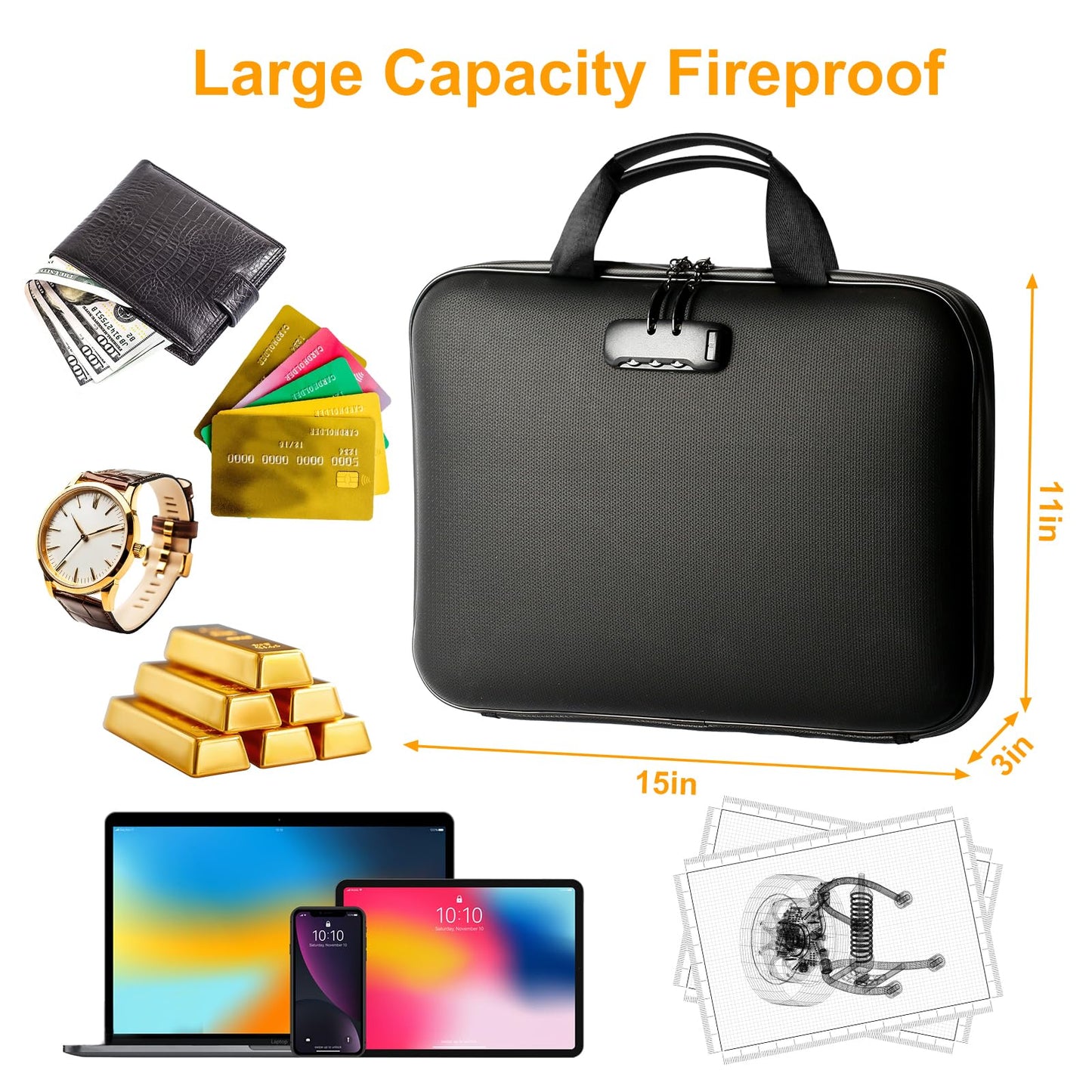 Fireproof Document Box with Lock, Portable Hard-Shell Case Fireproof File Box for Documents, Waterproof File Bag Organizer for Important Documents/Certificates/Laptop/for Home or Travel