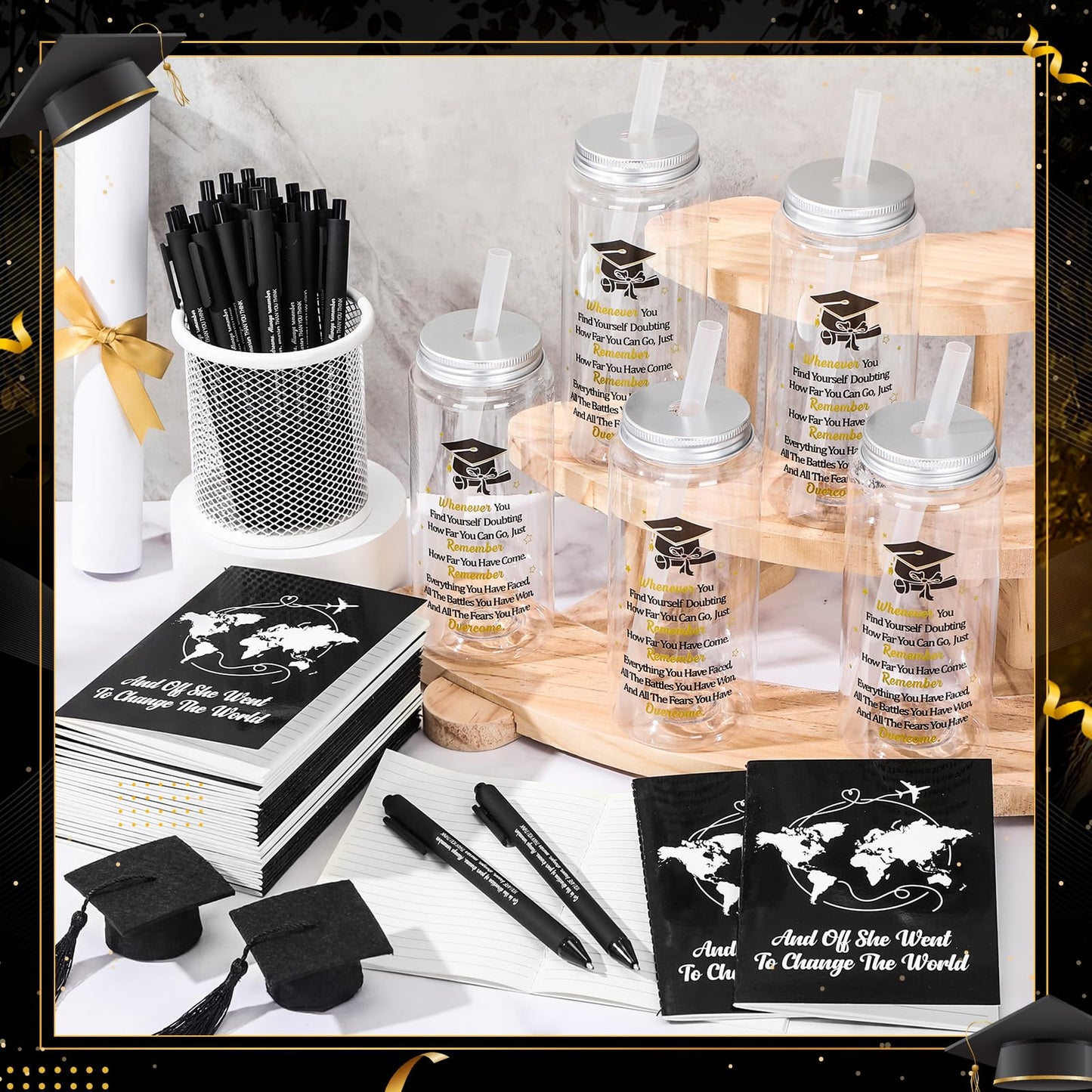 AmazingSpark 72 Pcs Class of 2026 Graduation Gift Set 13.5 oz Graduation Plastic Cups Bulk with Lids Straws Inspirational Notebooks Motivational Pens Gift for Congrats Grad Party Favors Supplies