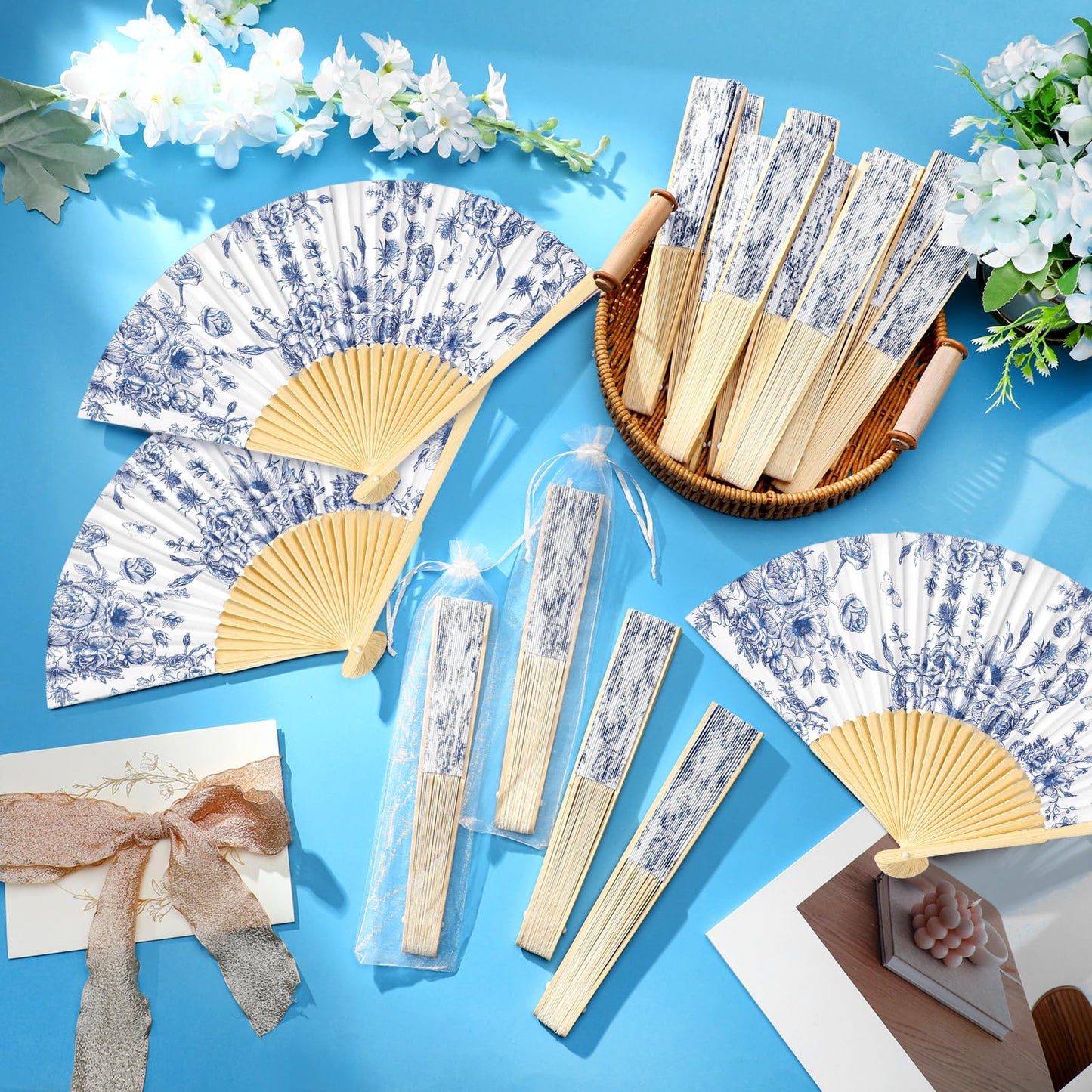 Vercraft 50 Sets Folding Hand Fans with Organza Bags Bulk, Paper Fans for Wedding Guests, Bridal Shower Party Favors, Summer Handheld Bamboo Fan Bridesmaid Gifts (Blue Floral)