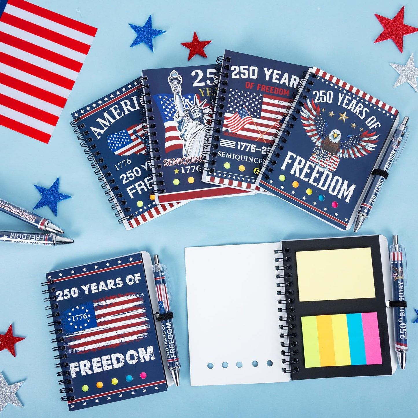24 Sets/ 48 Pcs 250th Anniversary Spiral Notepads Bulk 4th of July Souvenir Notebooks and Ballpoint Pens Patriotic USA Gifts for 250 Anniversary USA Independence Memorial Day Office Party Supplies