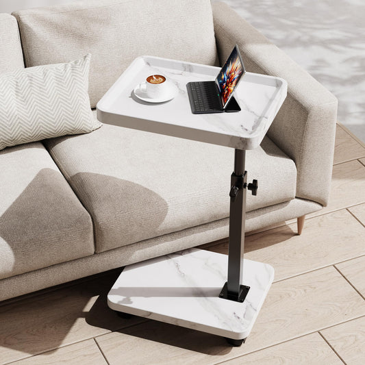 SJIE C Table End Table Adjustable Height, 360°Swivel TV Tray Table for Small Spaces, Side Tables with Wheels for Living Room and Bedroom, Bed (White)