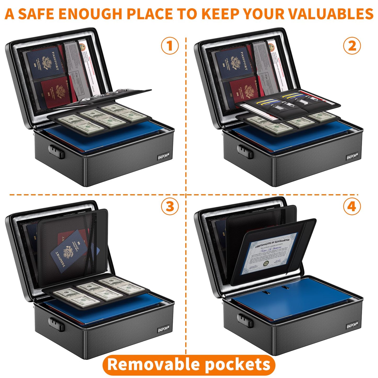ENGPOW Fireproof Document Box, Hard Case File Box with Fireproof Zipper＆Lock, 6400°F Heat Insulated Fire and Water Resistant Portable File Organizer Storage Home Safe for Documents Laptop Cash Black