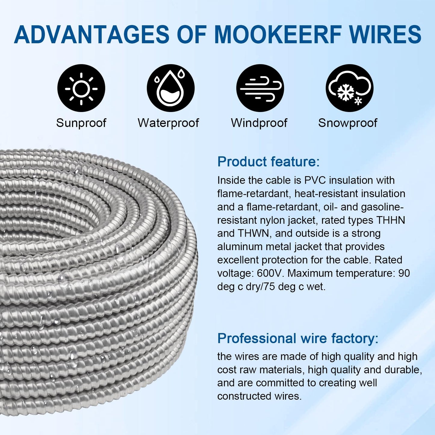 10/2 MC Cable with Ground - 50FT Pure Copper 10AWG/2 Metal Clad Wire with Aluminum Armor 10 Gauge 2 Conductor Type MC Alum Cable