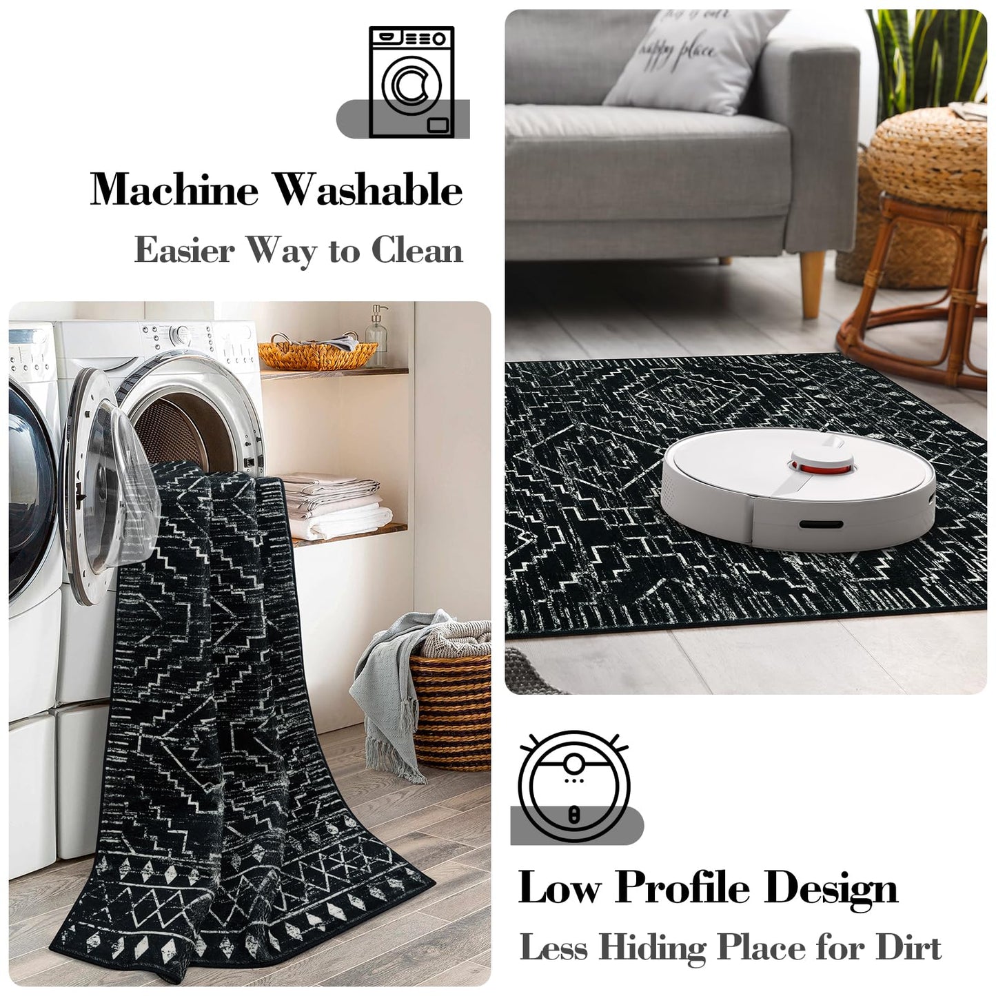 Wonnitar Moroccan Washable Rug 4x6, Black Boho Living Room Area Rug, Non-Slip Farmhouse Bedroom Carpet Dorm Room Throw Rug, Low Pile Soft Accent Mat for Kitchen Entry Office (Black,4'x6')
